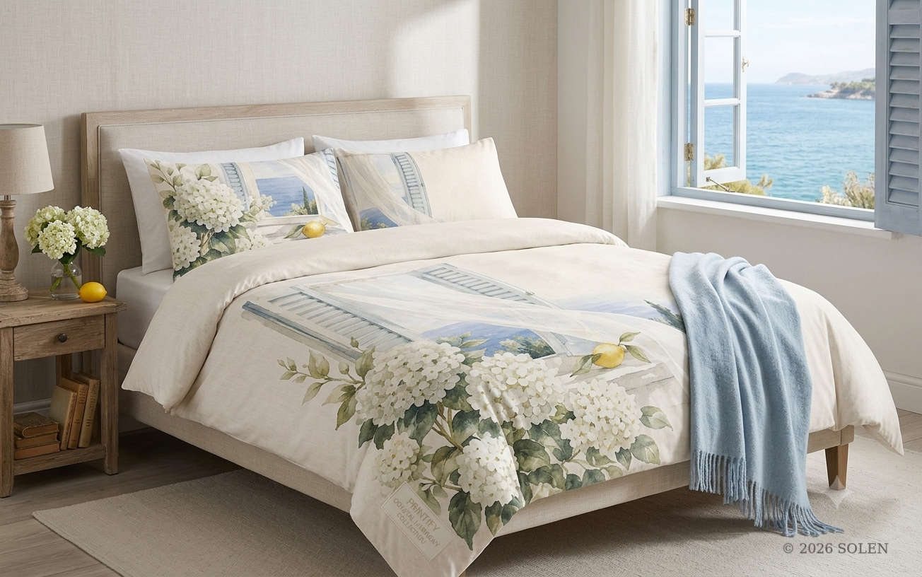 Mediterranean window duvet cover set, coastal hydrangea bedding, © 2026 SOLEN