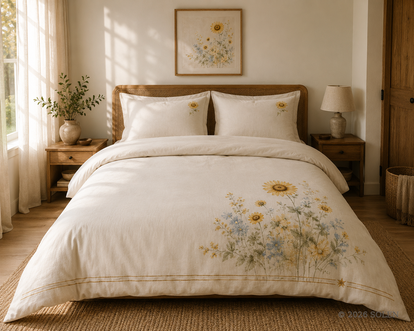 Sunlit Courtyard duvet cover set, watercolor sunflower bedding, © 2026 SOLEN