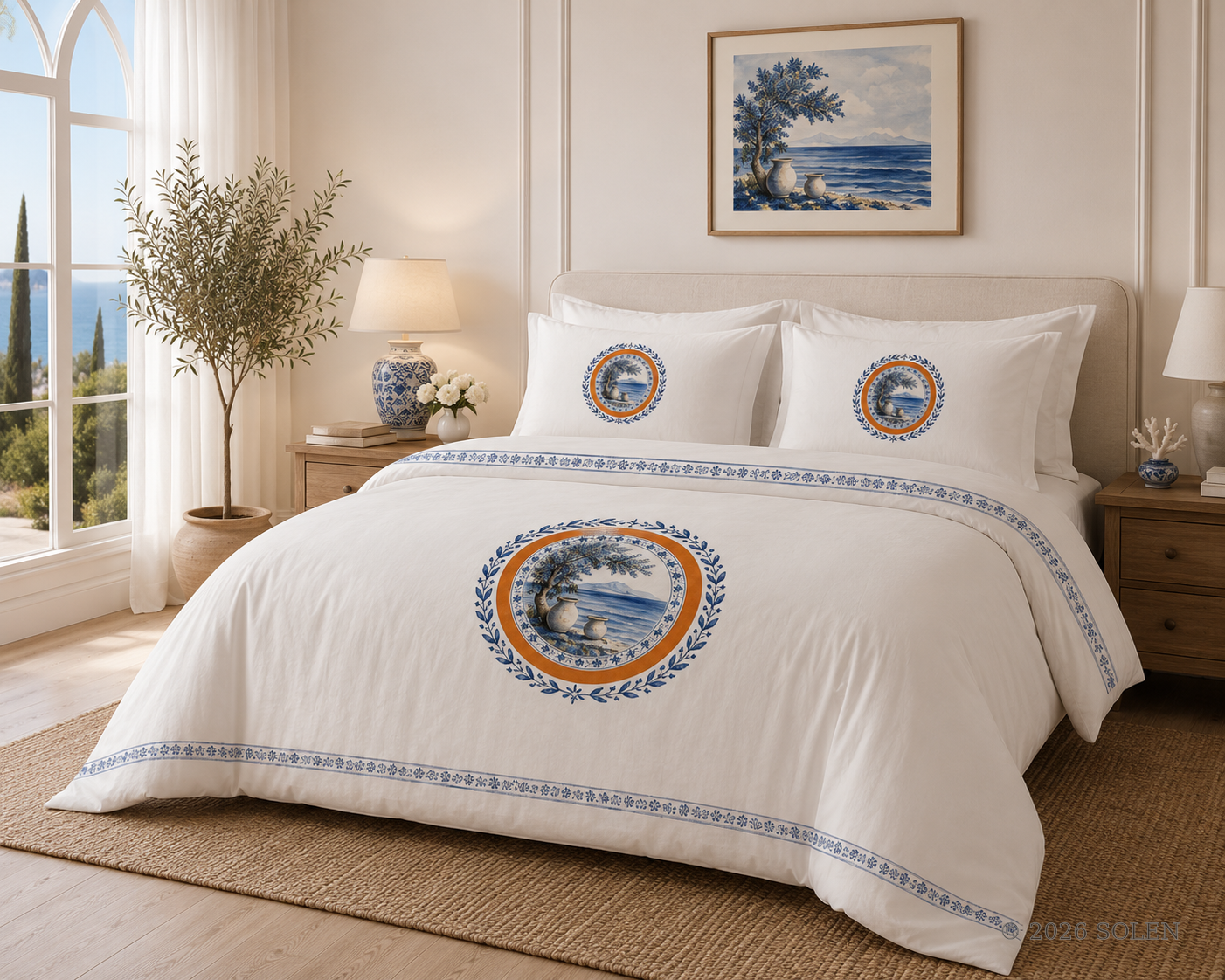 Coastal Mediterranean duvet cover set, blue and white medallion, © 2026 SOLEN
