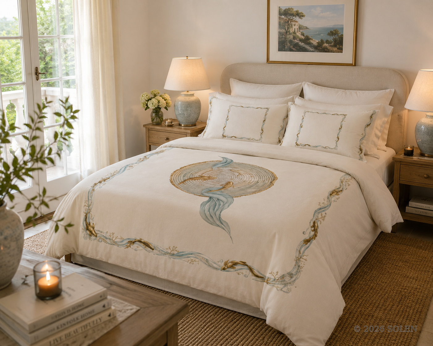 Embroidered swan motif cotton bed set, French country bedding, © 2026 SOLEN