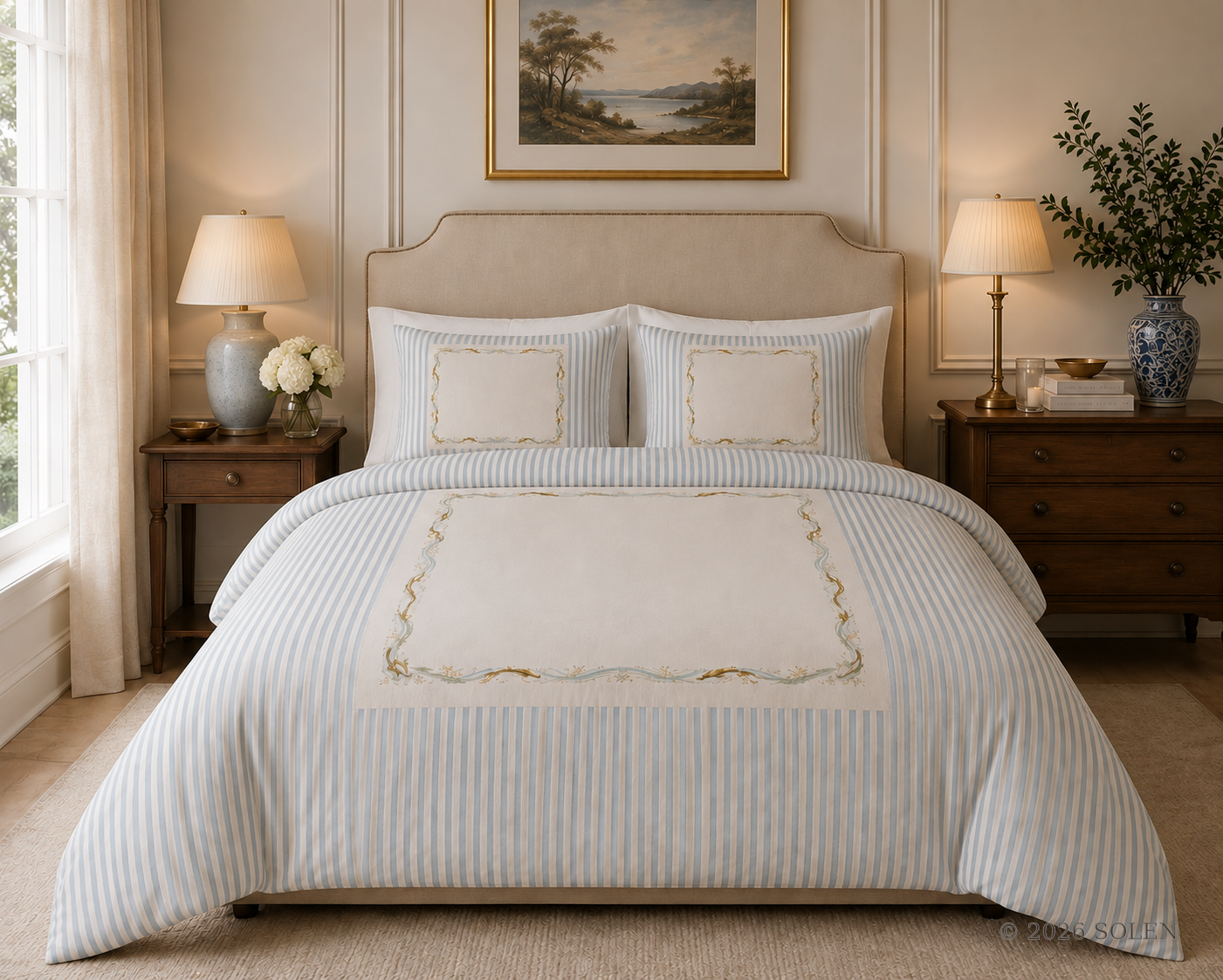 Blue striped cotton bed set with embroidered coral border, © 2026 SOLEN
