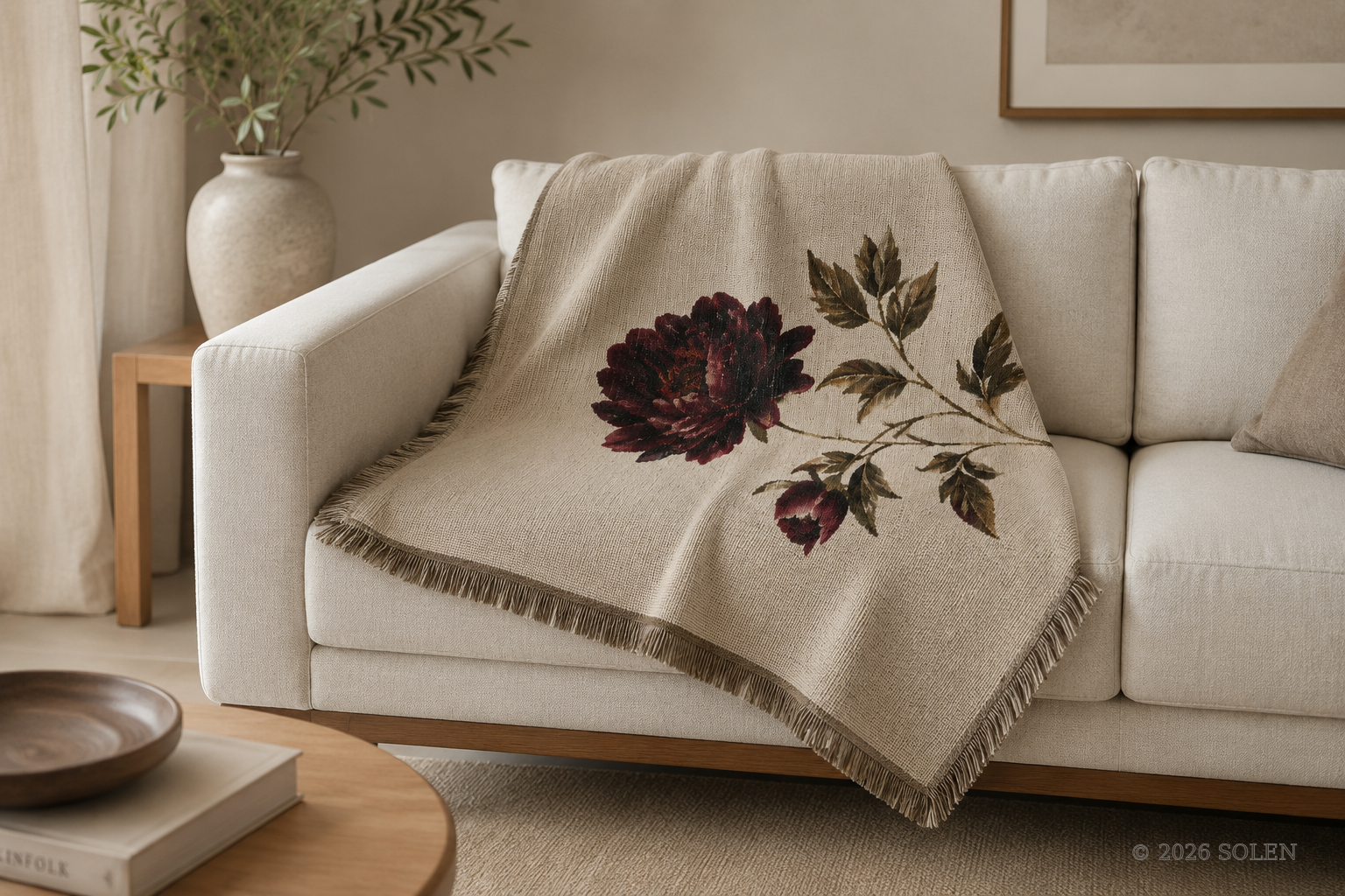 Dark floral peony throw blanket, moody botanical, © 2026 SOLEN
