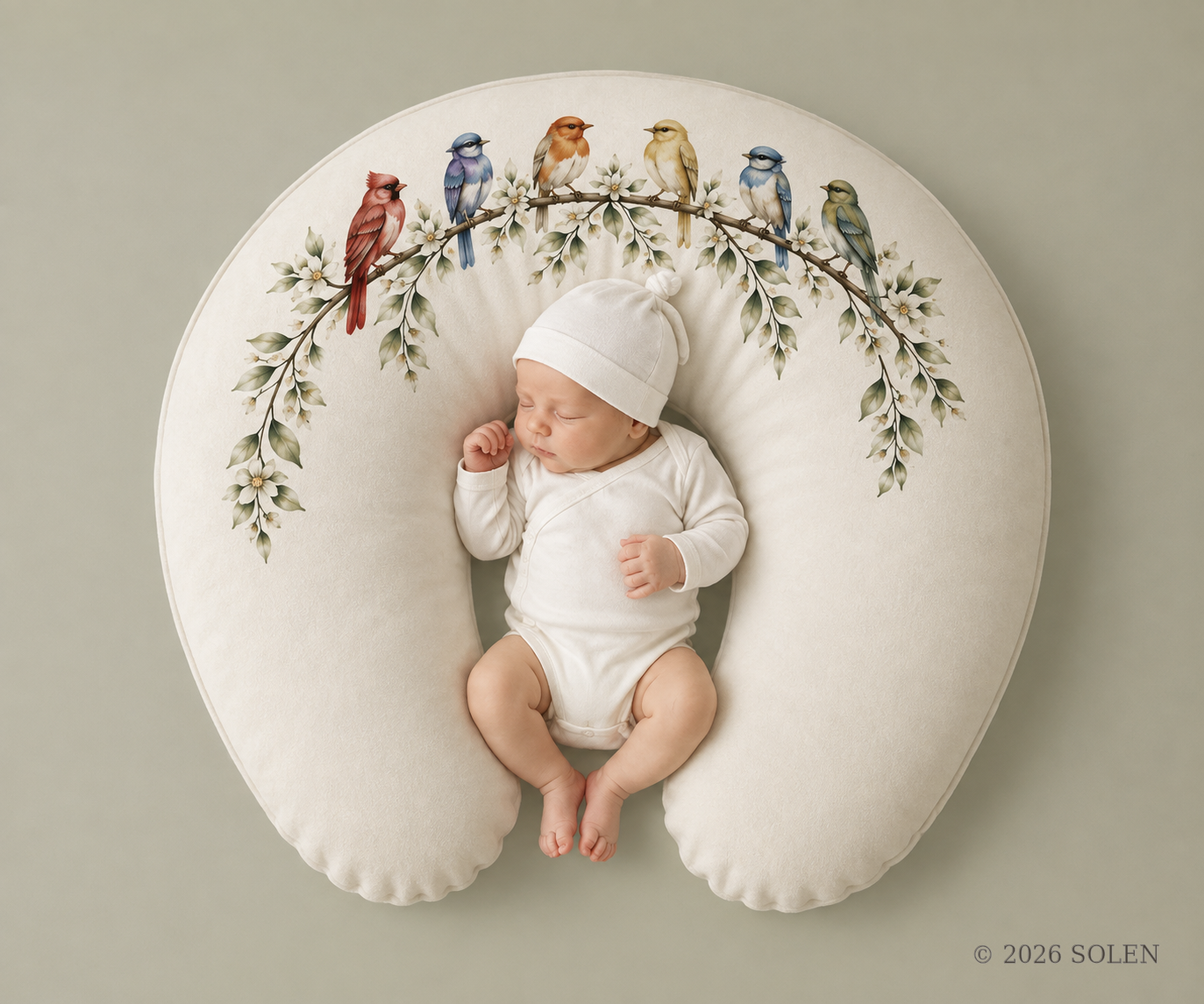 Bird nursing pillow cover, watercolor songbird lounger, © 2026 SOLEN
