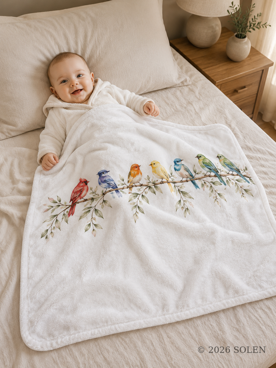 Bird plush baby blanket, watercolor songbird, © 2026 SOLEN