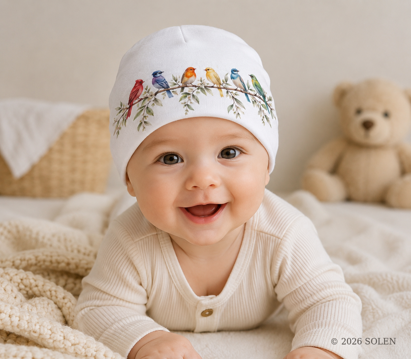 Watercolor Songbird Baby Beanie | Solen, © 2026 SOLEN