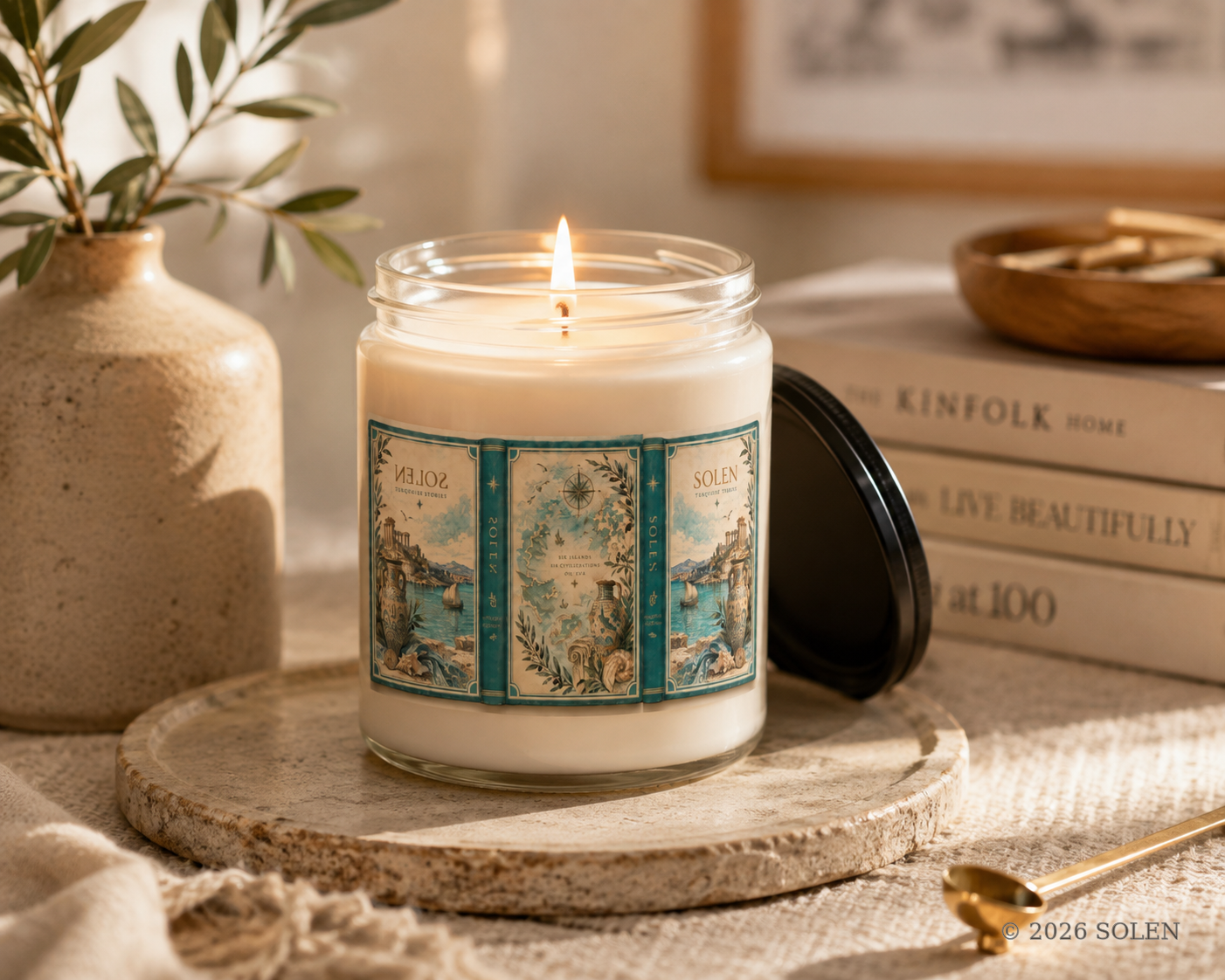 Vintage map compass candle, nautical jar, © 2026 SOLEN