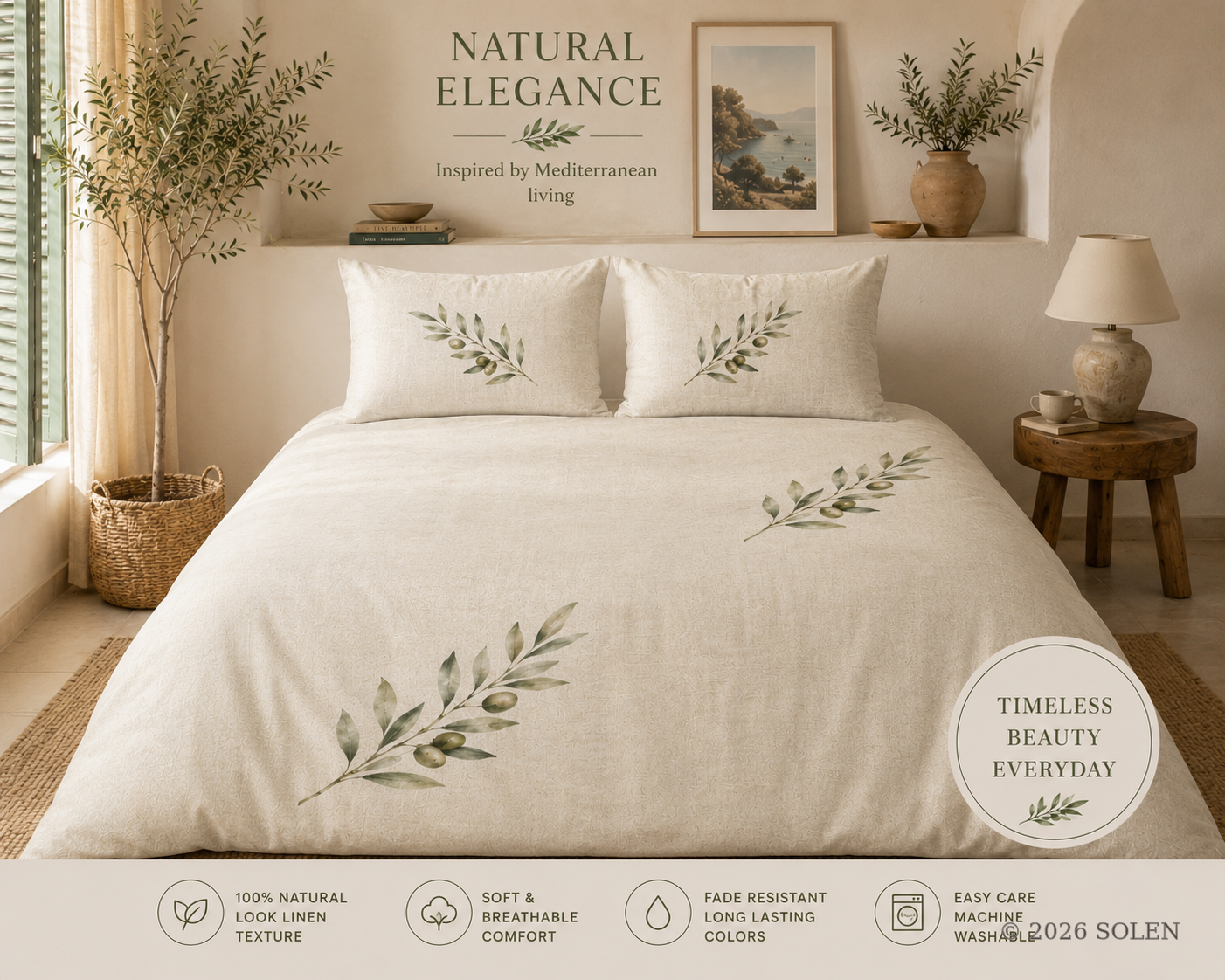 Olive branch duvet cover set, farmhouse bedding, © 2026 SOLEN
