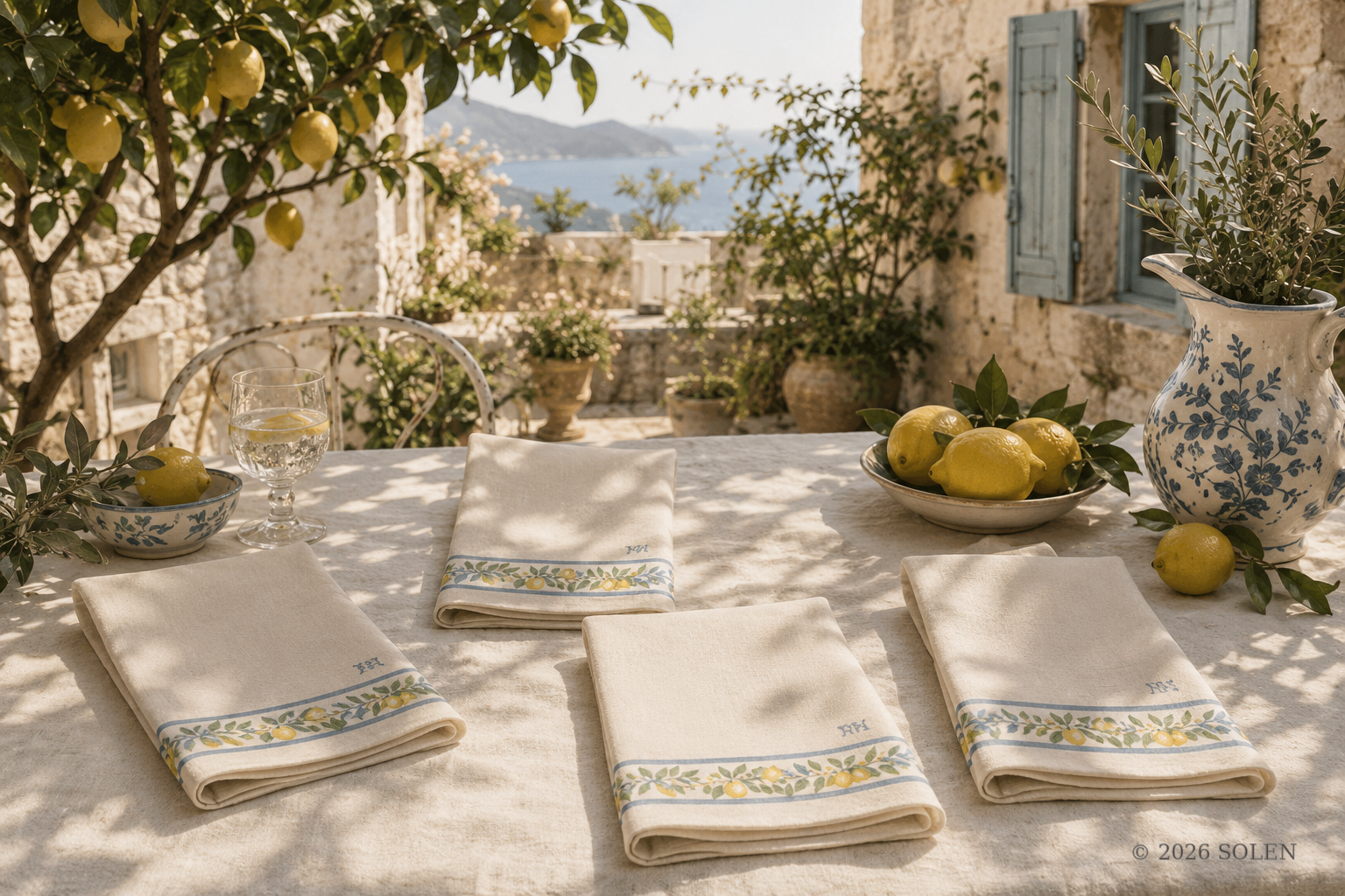 Lemon print napkins, farmhouse plaid design, © 2026 SOLEN