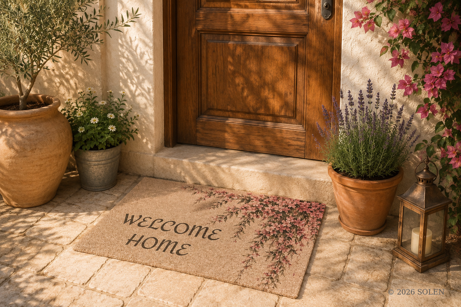 Welcome Home floral doormat, pink blossoms, © 2026 SOLEN