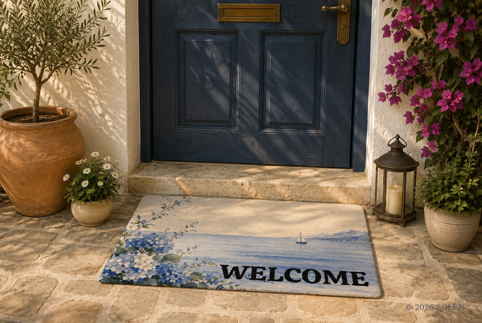 Coastal Welcome doormat, blue hydrangea entry mat, © 2026 SOLEN