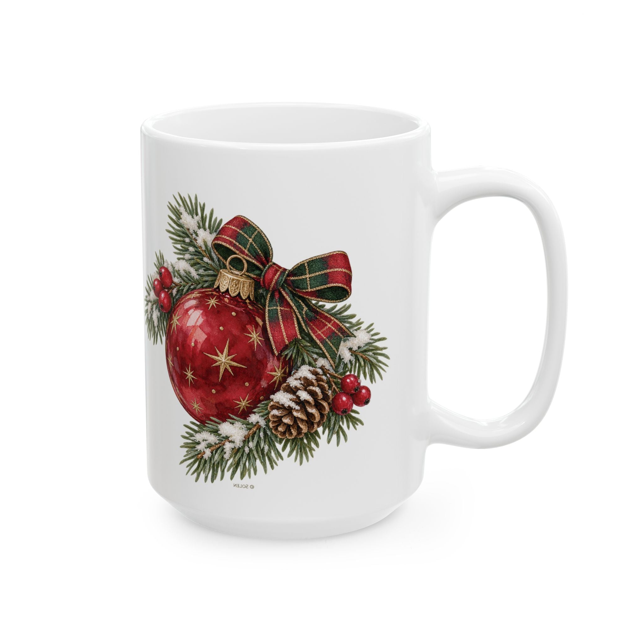 Christmas Ornament Ceramic Mug — Festive Red Bauble & Pine Holiday Coffee Cup (11oz, 15oz)