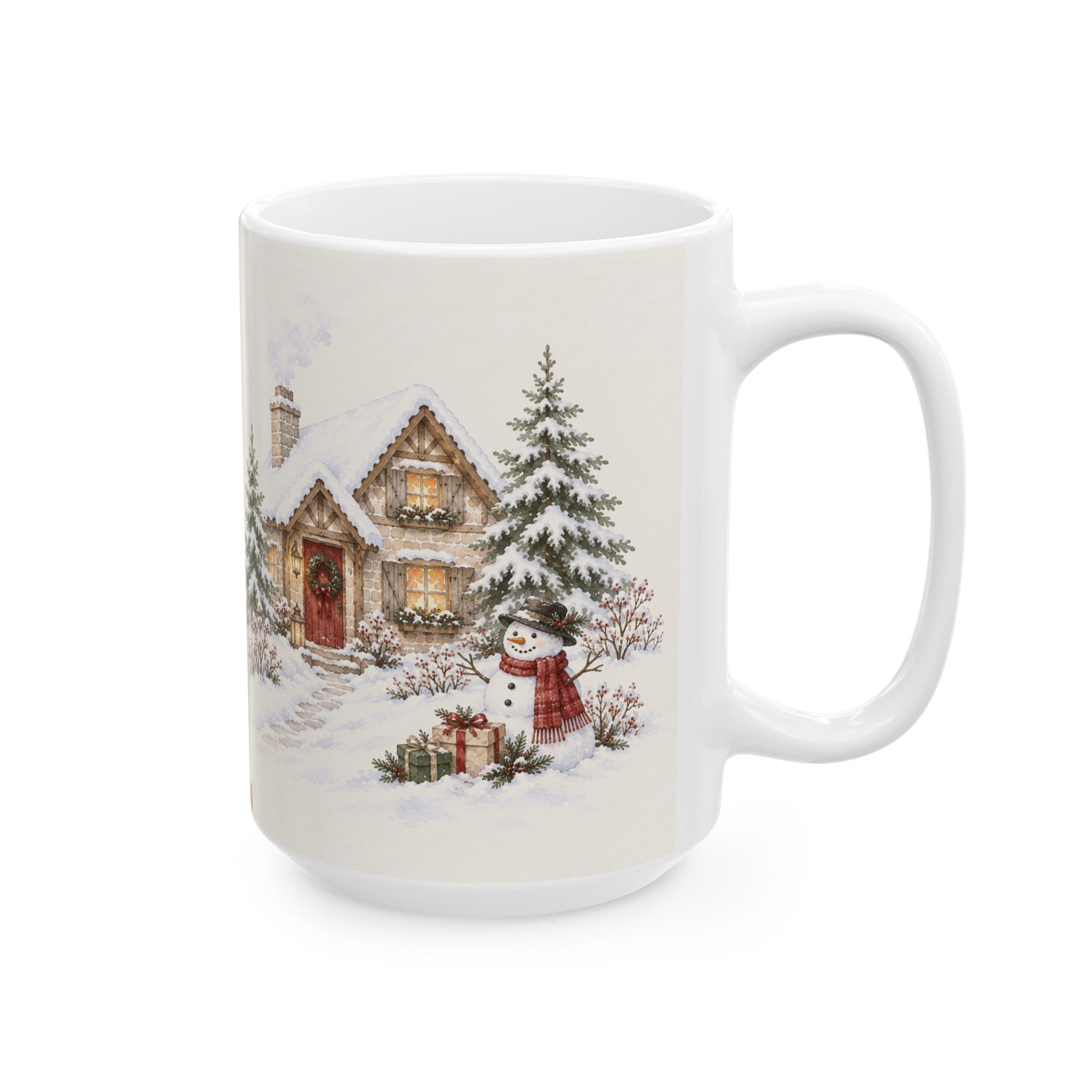 Winter Cottage Ceramic Mug – Cozy Snowy Cabin Coffee Cup (11oz & 15oz)