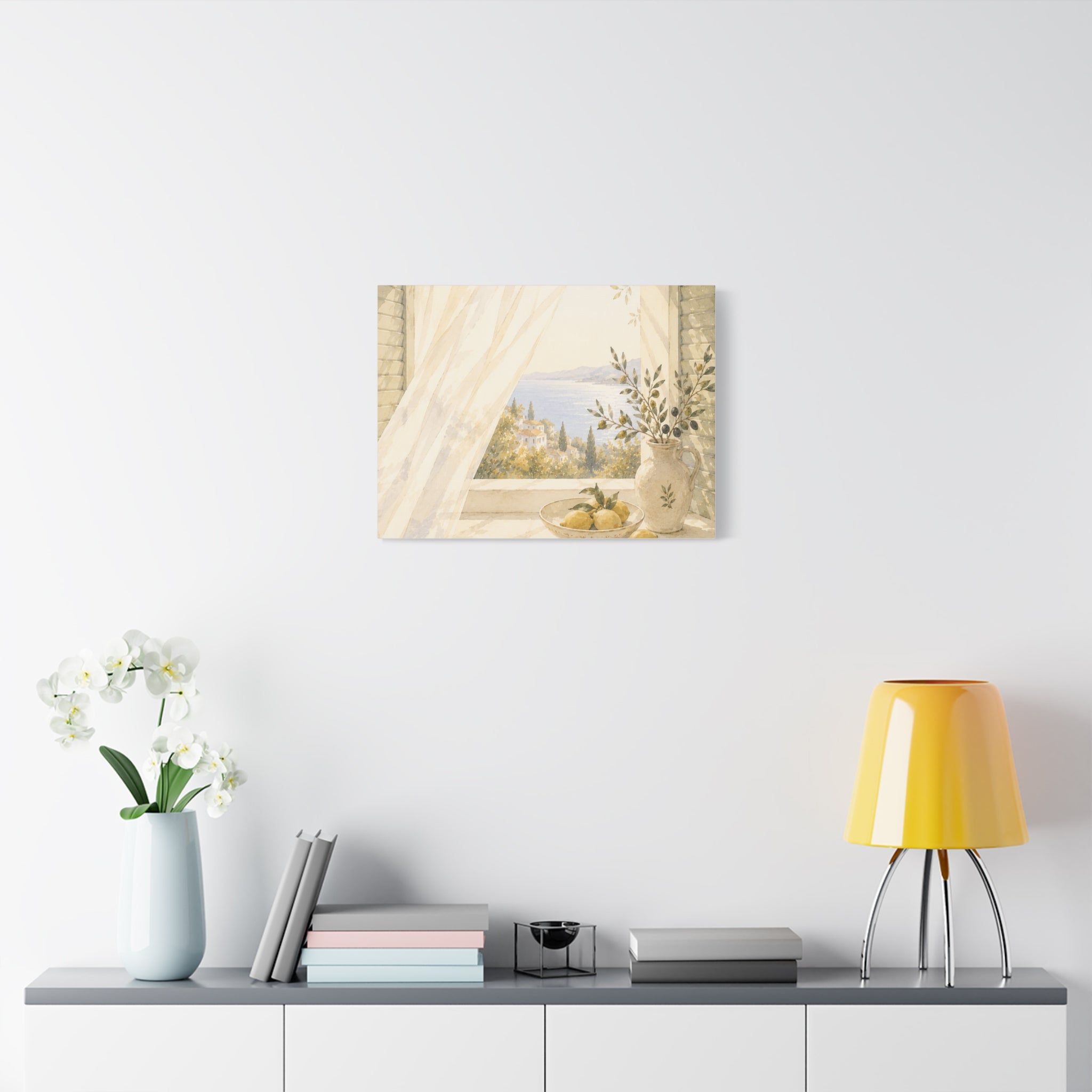 Golden Morning Window Canvas Wall Art, Mediterranean Lemon & Olive Print, Sunlit Linen Curtain Coastal Decor, Window Stories, Solen