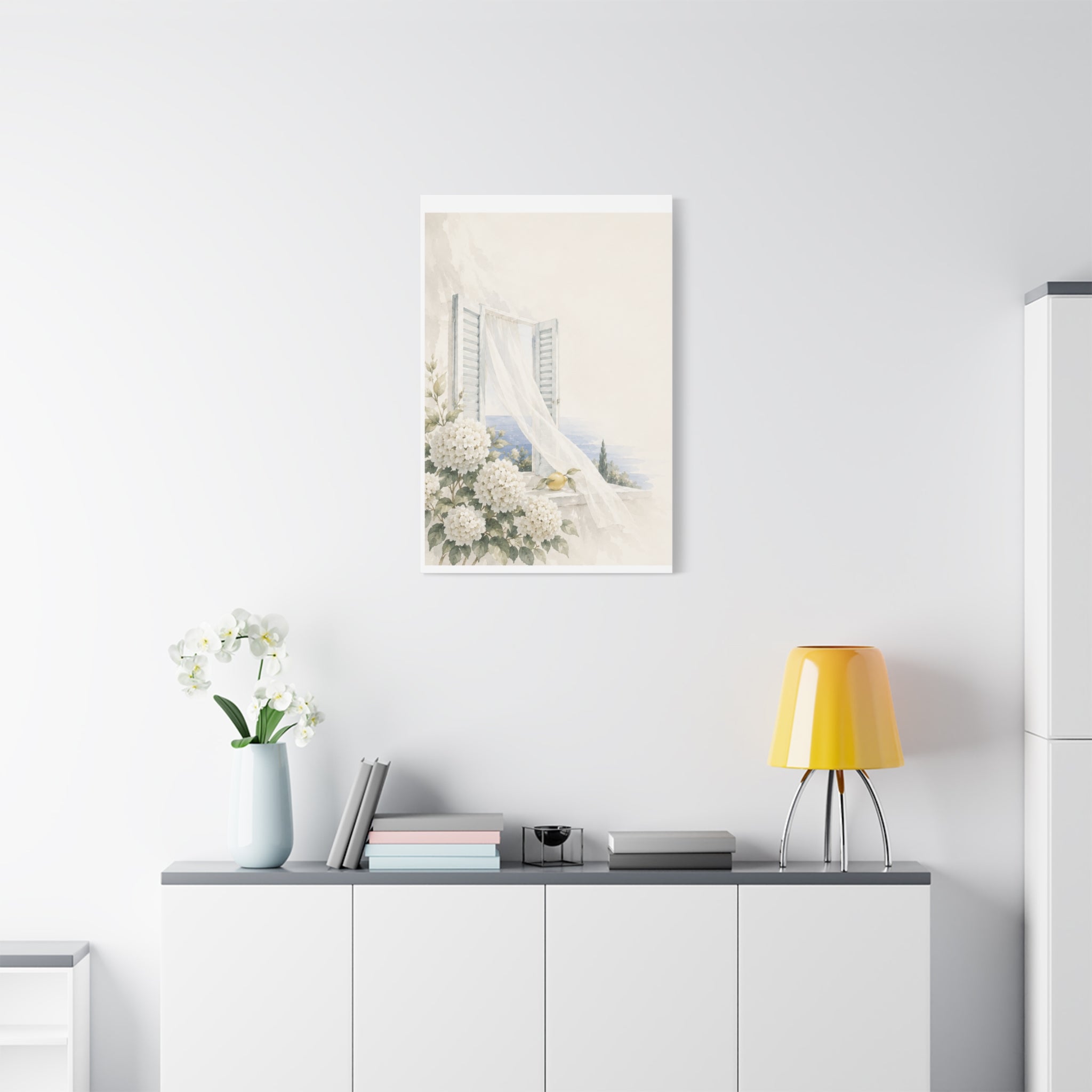 Open Shutters Coastal Window Canvas Wall Art, White Summer Sea View Print, Mediterranean Balcony Decor, Airy Beach Art, Solen