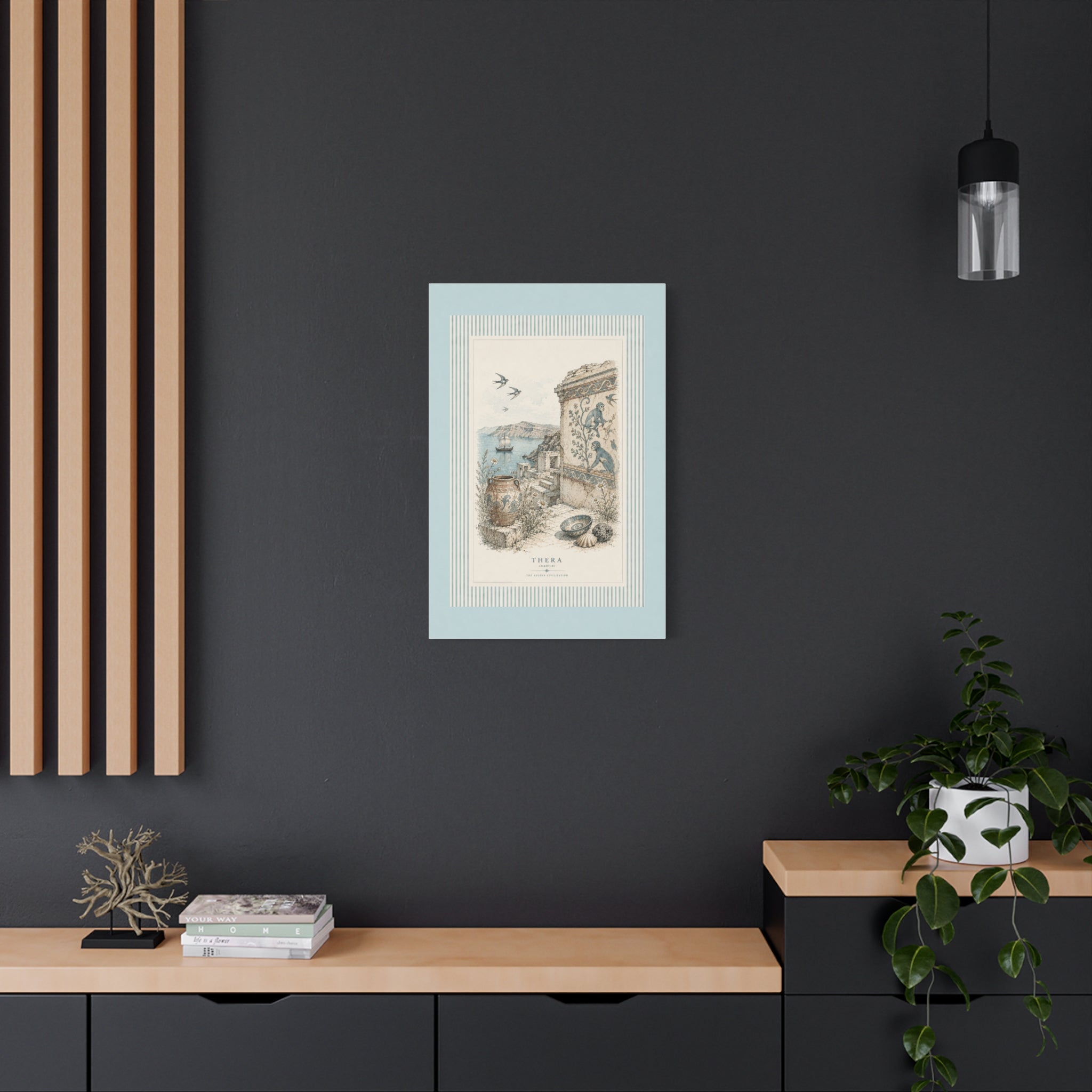 Thera Aegean Fresco Canvas Wall Art | Ancient Minoan Monkey & Ruins Illustration | Coastal Blue Home Decor, Solen