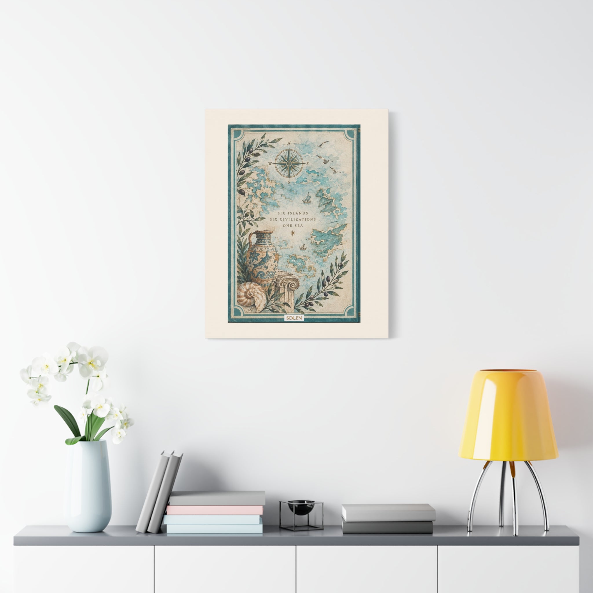 Coastal Map Canvas Print, Six Islands Mediterranean Wall Art, Vintage Sea Chart Decor, Ancient Civilizations Map Art, Solen