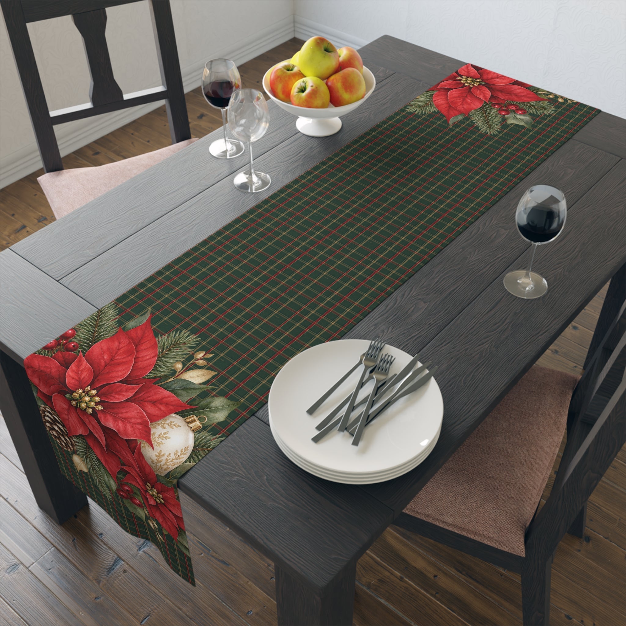 Christmas Poinsettia Plaid Table Runner