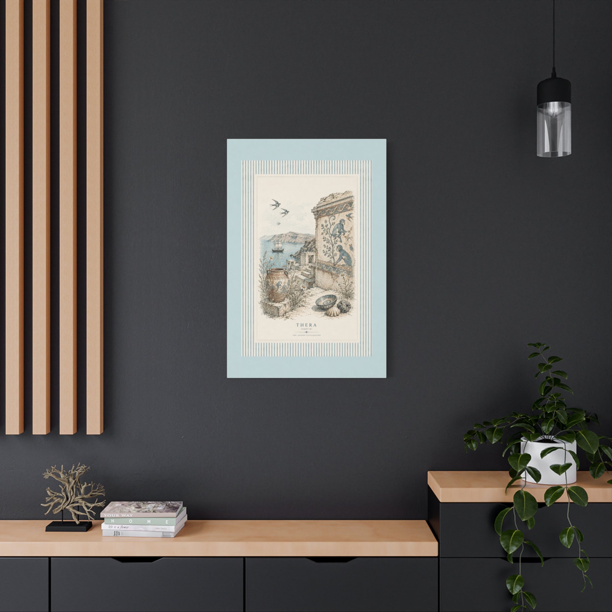 Thera Aegean Fresco Canvas Wall Art | Ancient Minoan Monkey & Ruins Illustration | Coastal Blue Home Decor, Solen