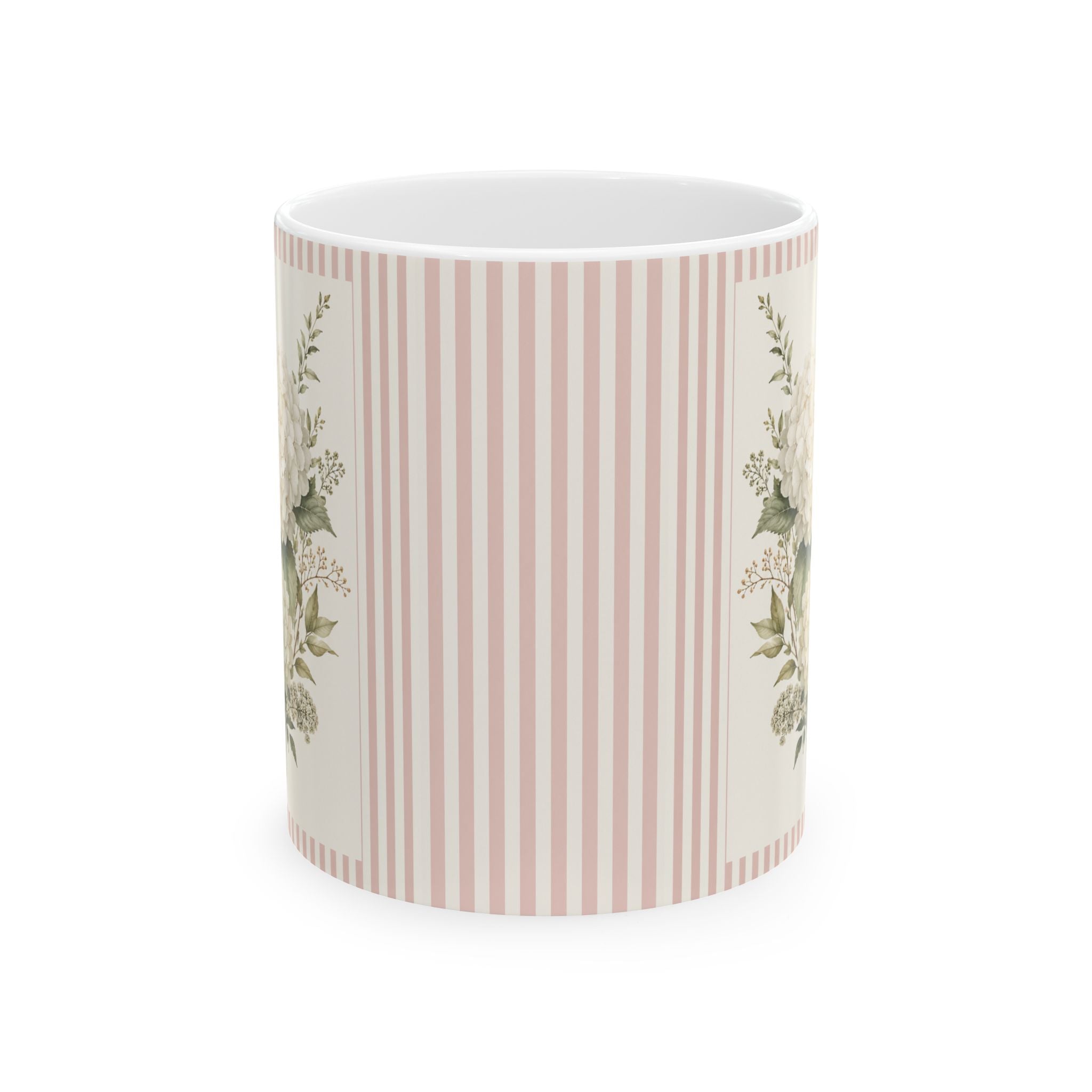 Vintage Floral Striped Ceramic Mug — Pink Rose Bouquet Coffee Cup