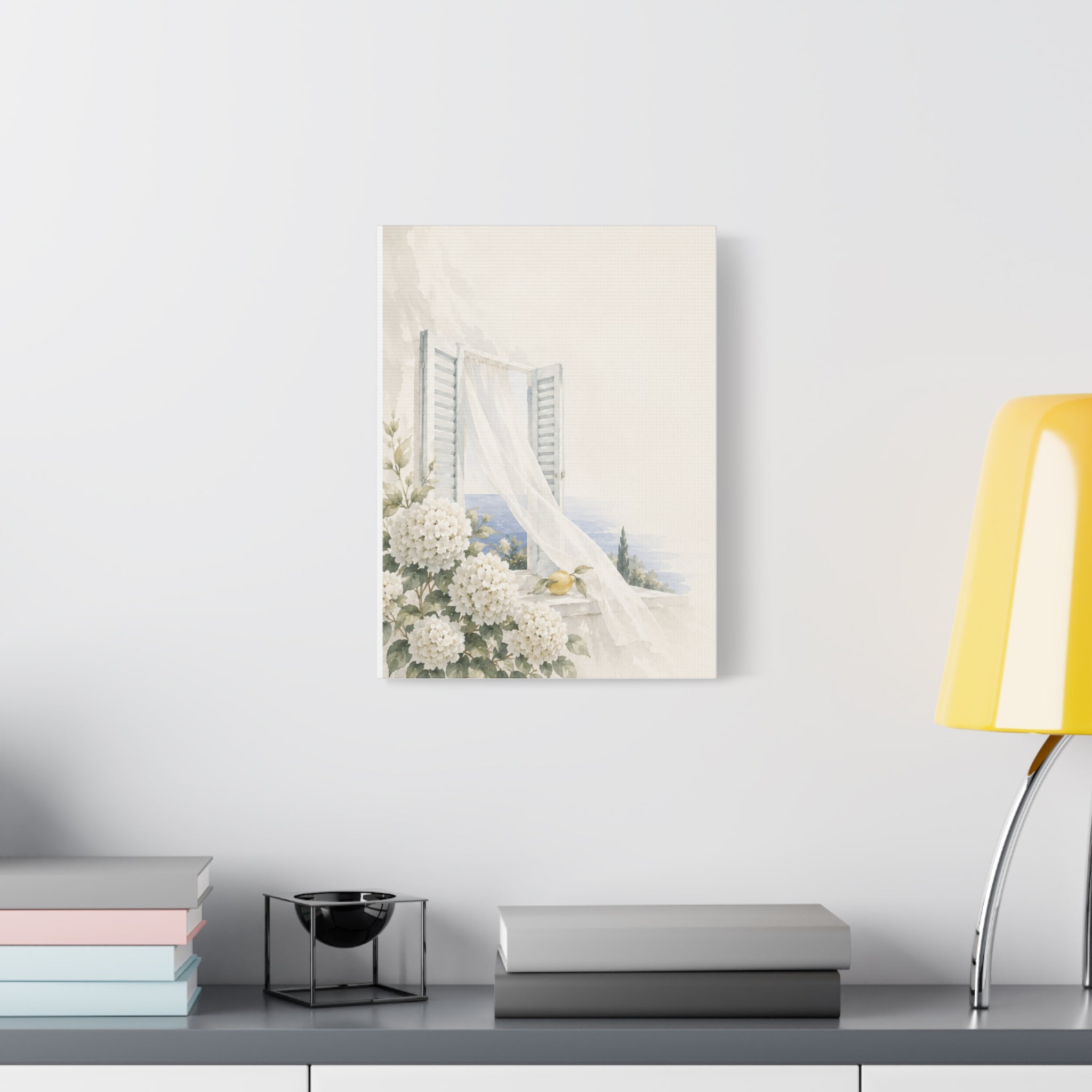Open Shutters Coastal Window Canvas Wall Art, White Summer Sea View Print, Mediterranean Balcony Decor, Airy Beach Art, Solen