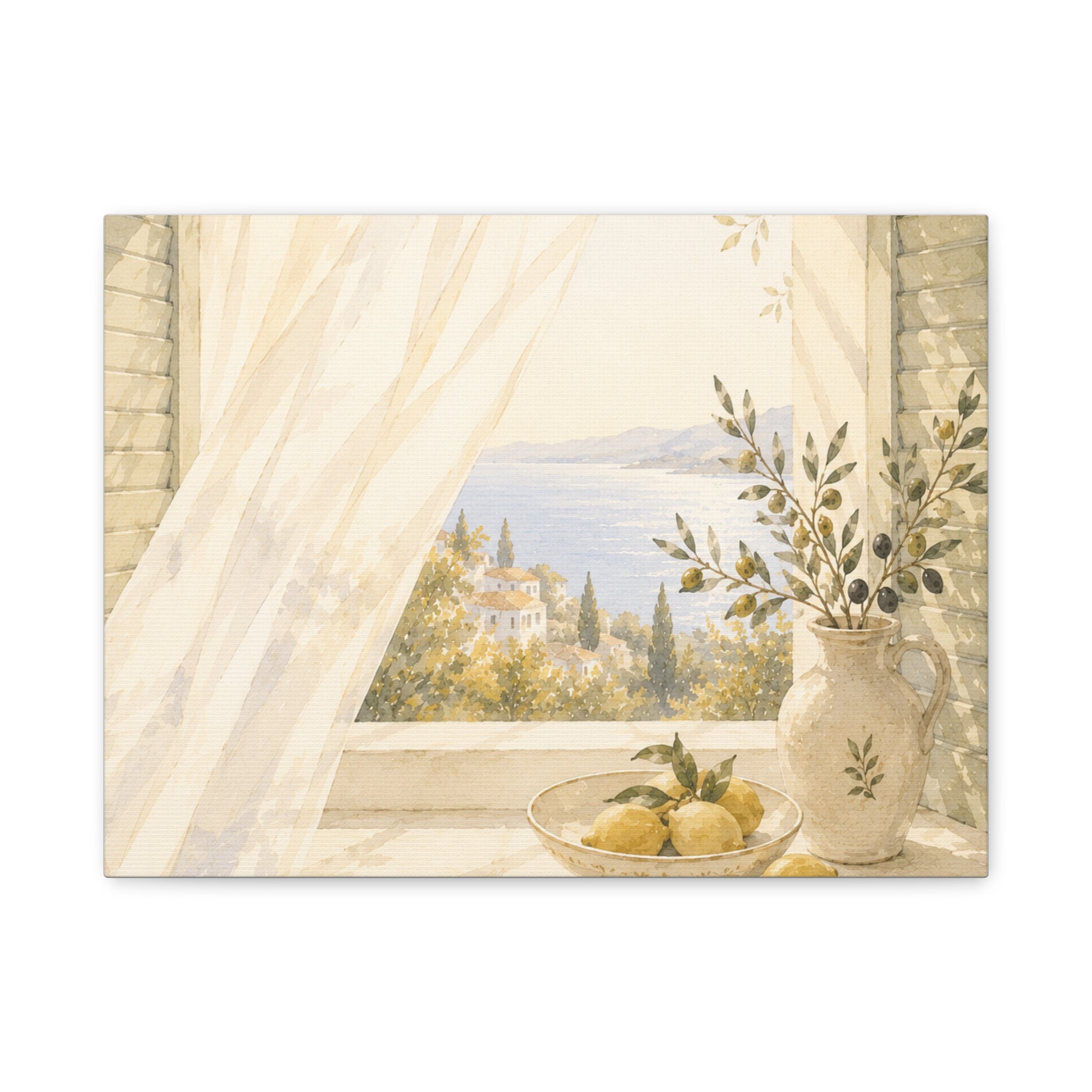 Golden Morning Window Canvas Wall Art, Mediterranean Lemon & Olive Print, Sunlit Linen Curtain Coastal Decor, Window Stories, Solen
