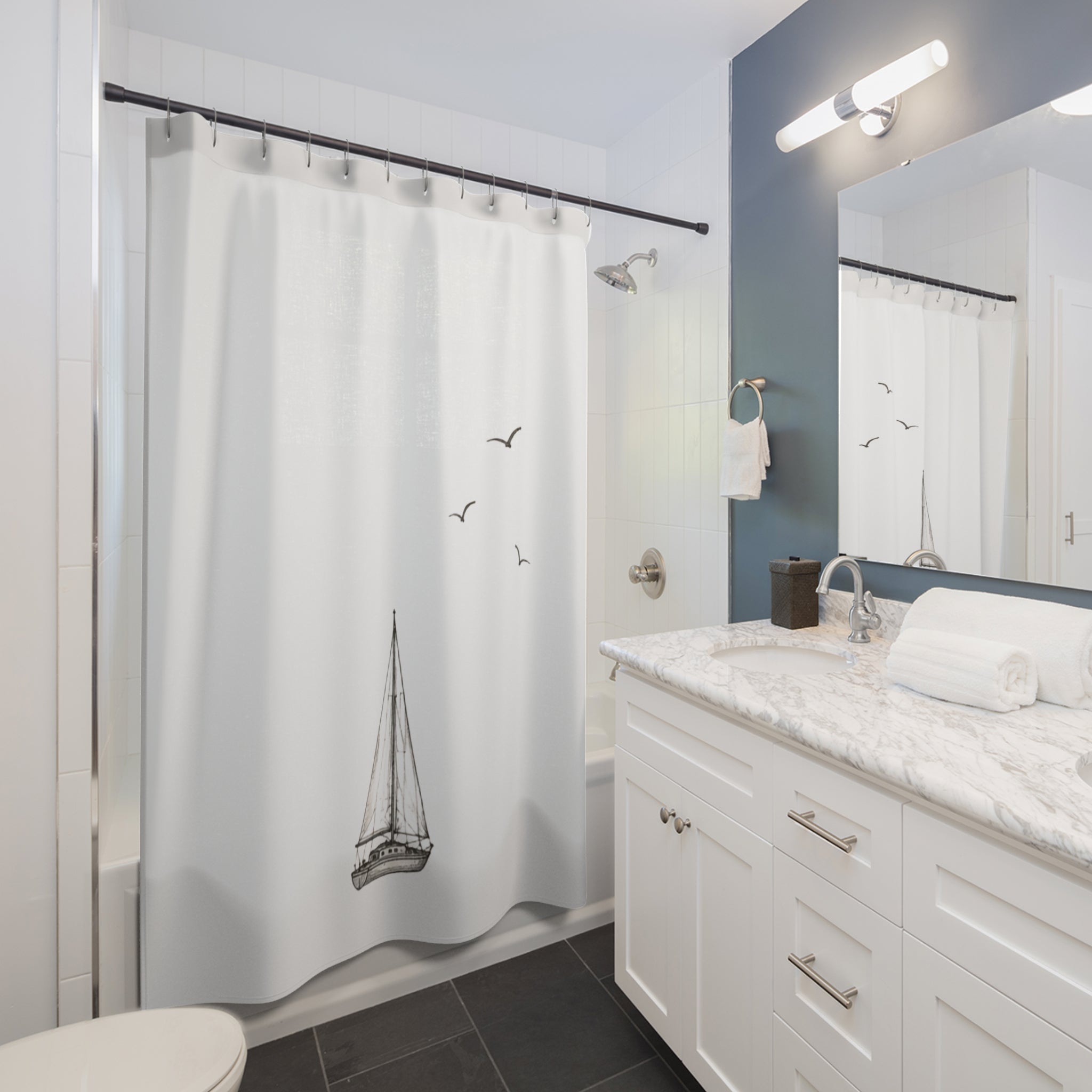 Mediterranean Coastal Bathroom Decor – Nautical Watercolor Bath Curtain | Solen