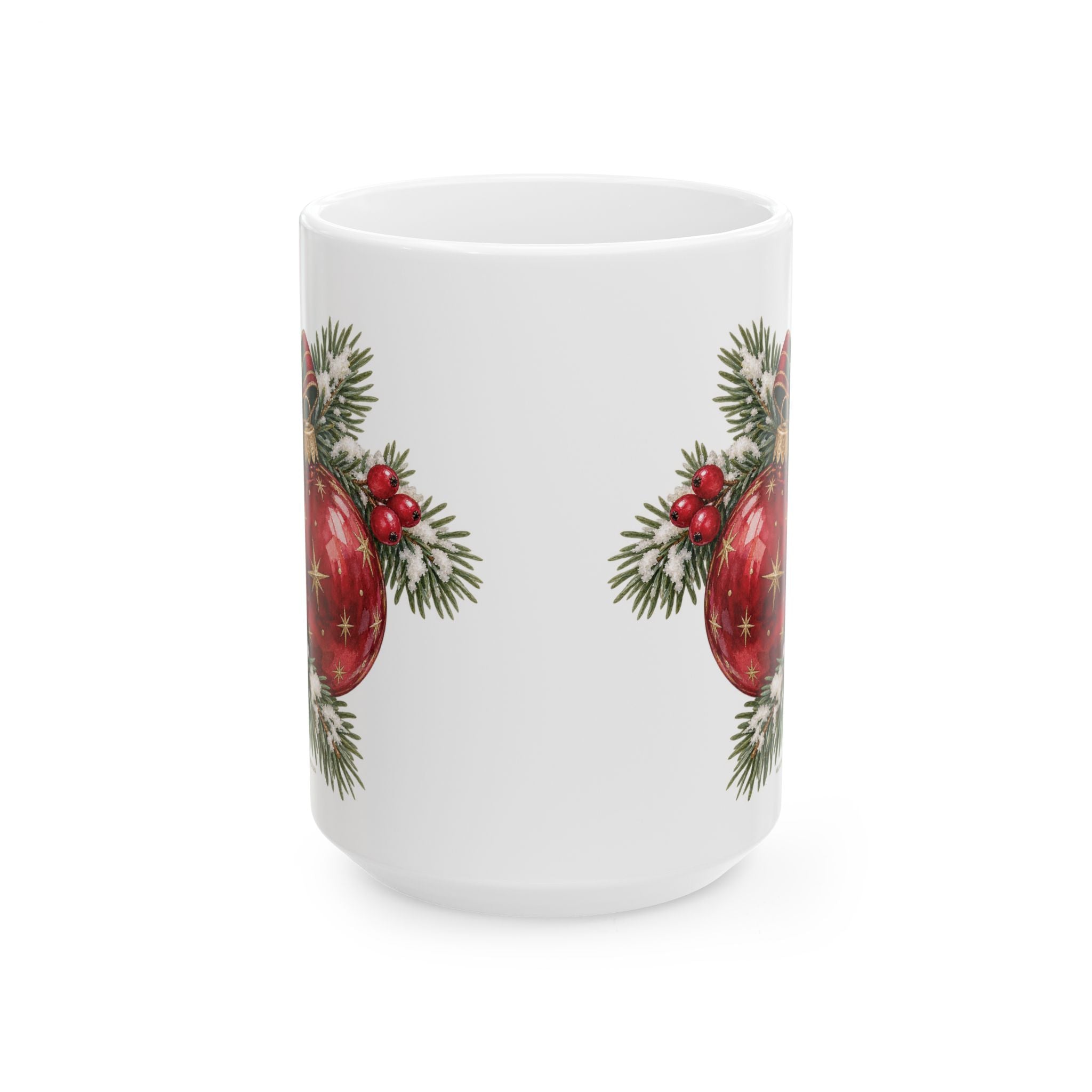 Christmas Ornament Ceramic Mug — Festive Red Bauble & Pine Holiday Coffee Cup (11oz, 15oz)