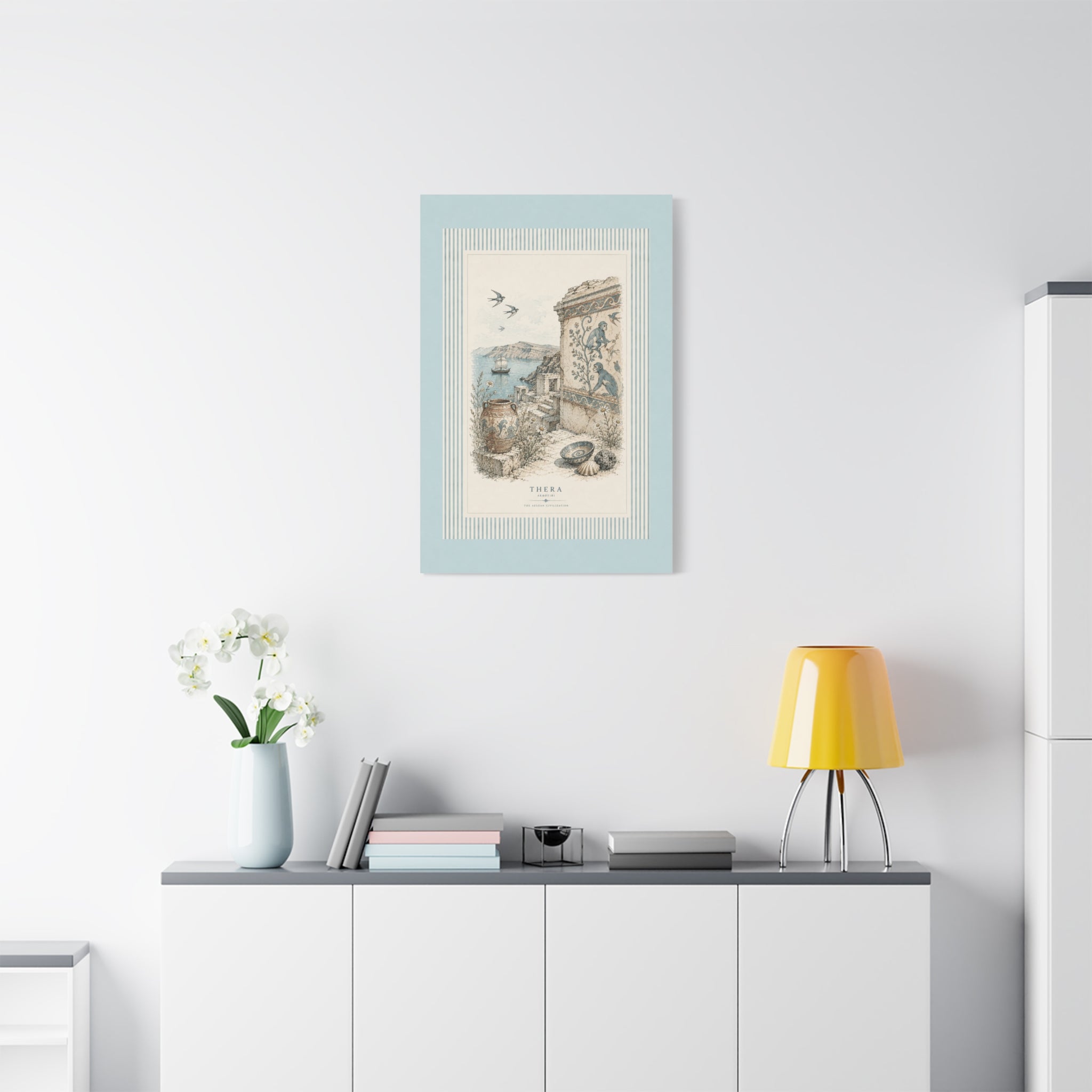 Thera Aegean Fresco Canvas Wall Art | Ancient Minoan Monkey & Ruins Illustration | Coastal Blue Home Decor, Solen