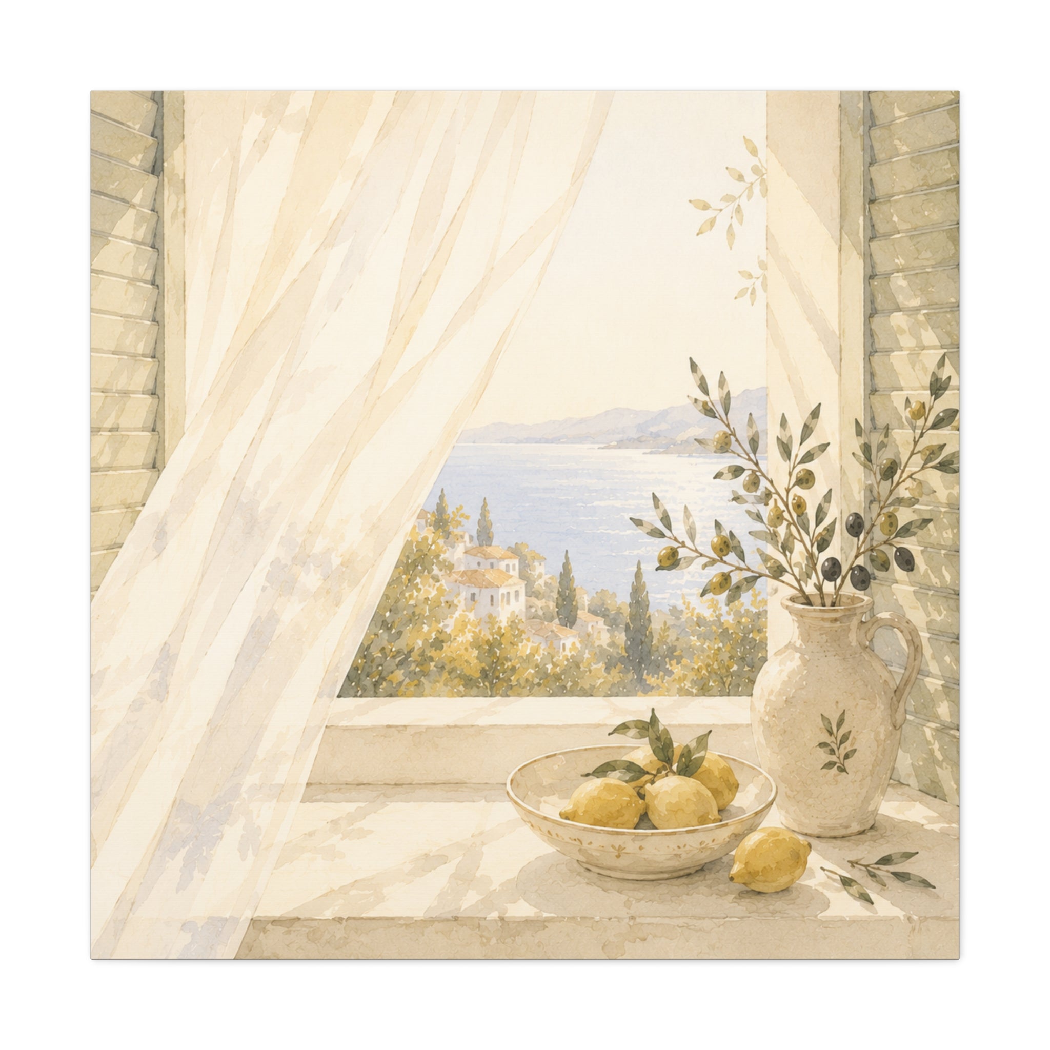 Golden Morning Window Canvas Wall Art, Mediterranean Lemon & Olive Print, Sunlit Linen Curtain Coastal Decor, Window Stories, Solen