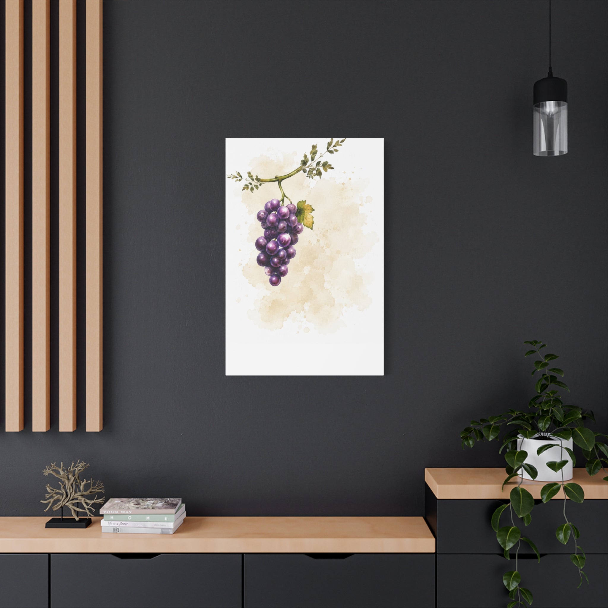 Grape Watercolor Canvas Print, Purple Vine Botanical Wall Art, Tuscan Vineyard Kitchen Decor, Neutral Dining Room Art, Solen