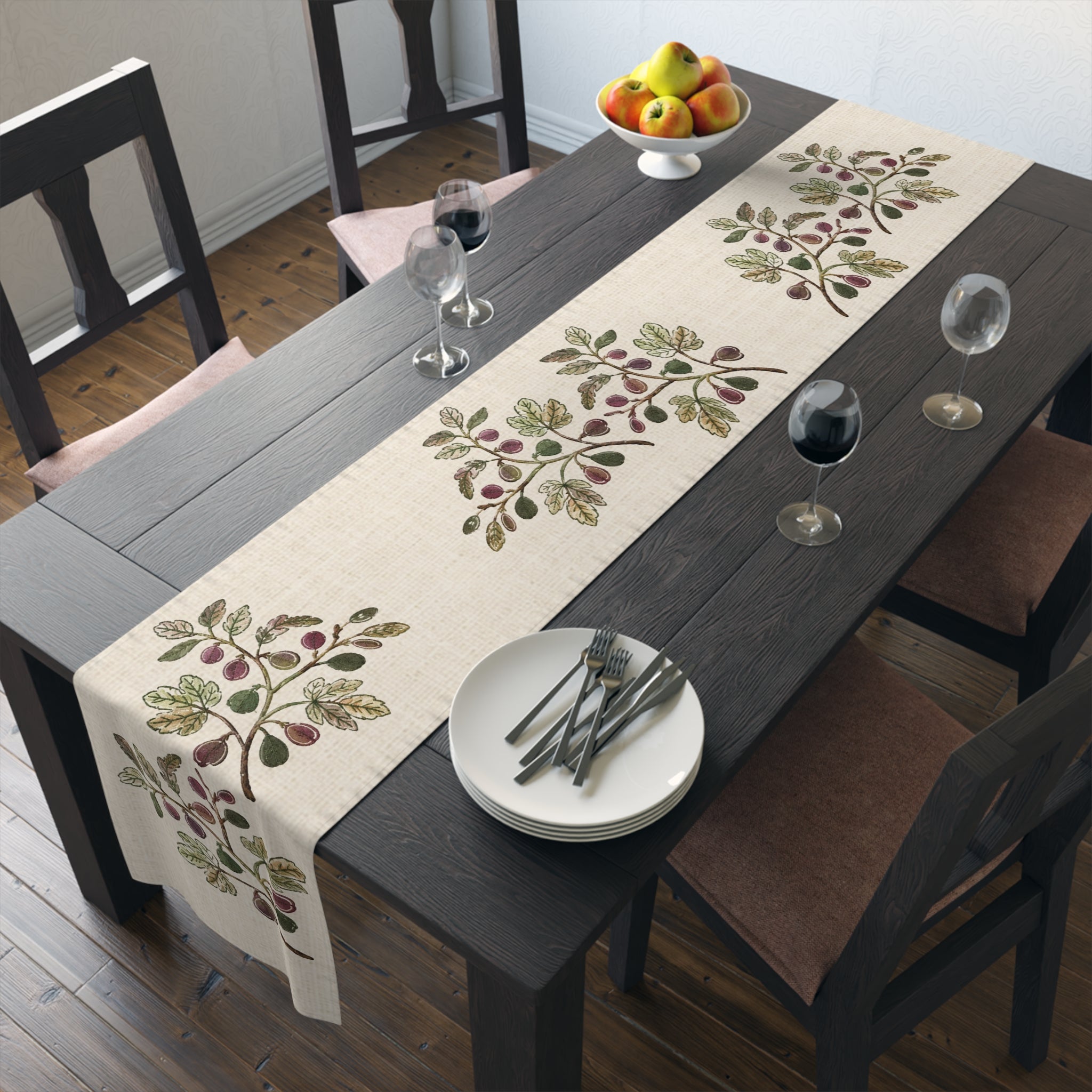 Fig Branch Botanical Table Runner, Cotton Mediterranean Runner, Neutral Fig Tree Kitchen Decor, Rustic Dining Linen, Solen