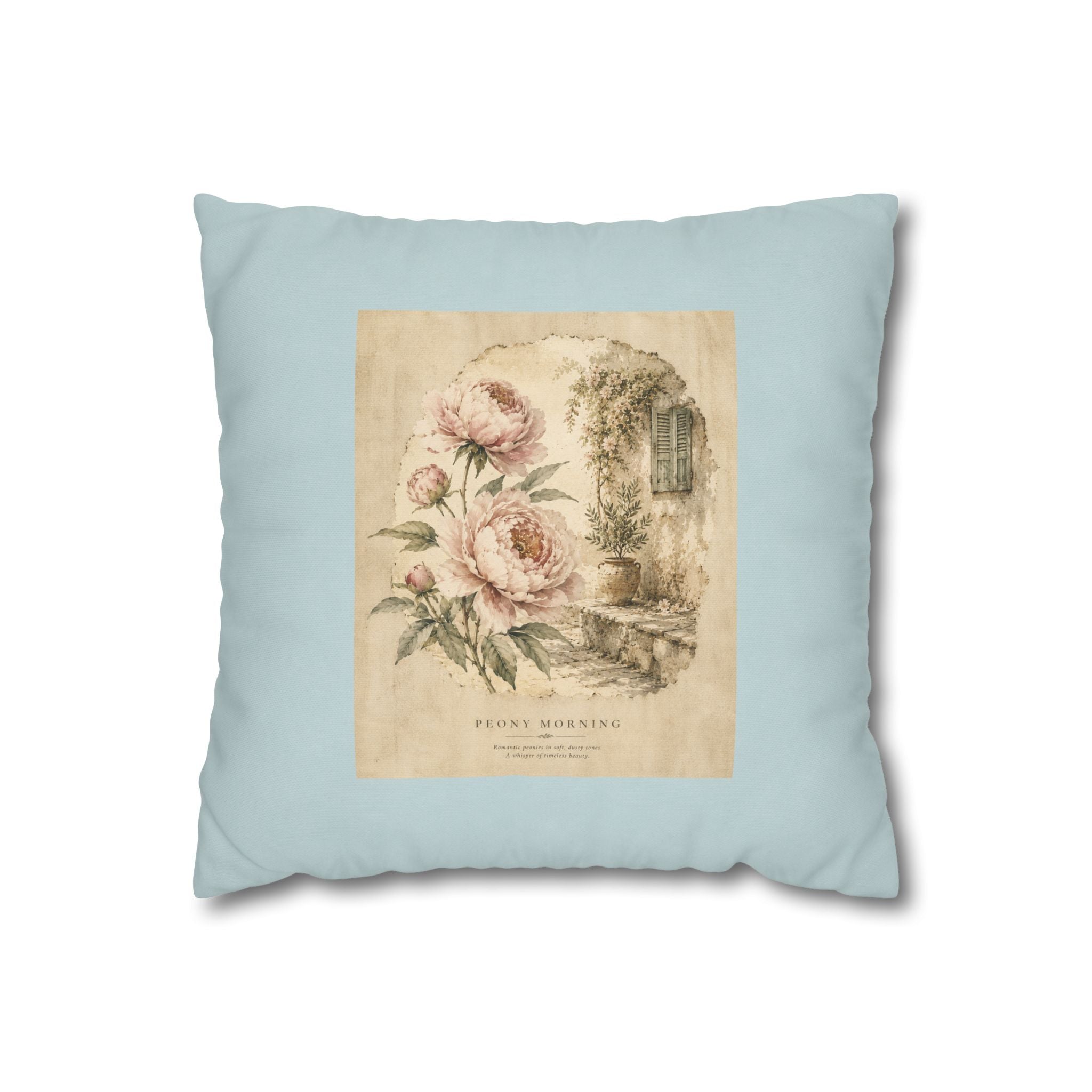 Peony Morning Throw Pillow Cover - Vintage Floral Cottagecore Cushion - Romantic Botanical Home Decor - Sage Blue Farmhouse Accent Pillow - Solen