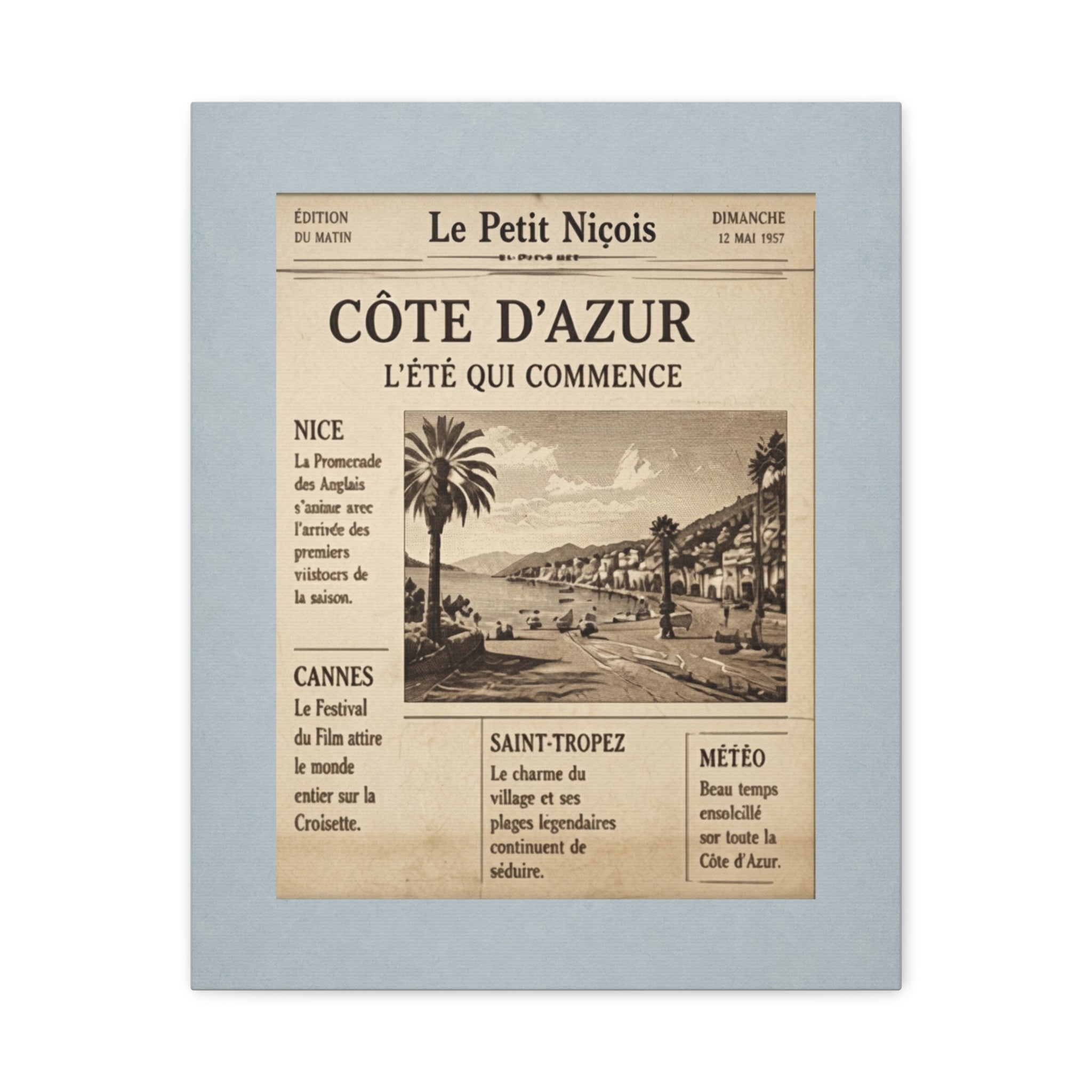 Côte d'Azur Vintage Newspaper Canvas, French Riviera Wall Art, Retro Collage Print, Provence Mid Century Decor, Solen