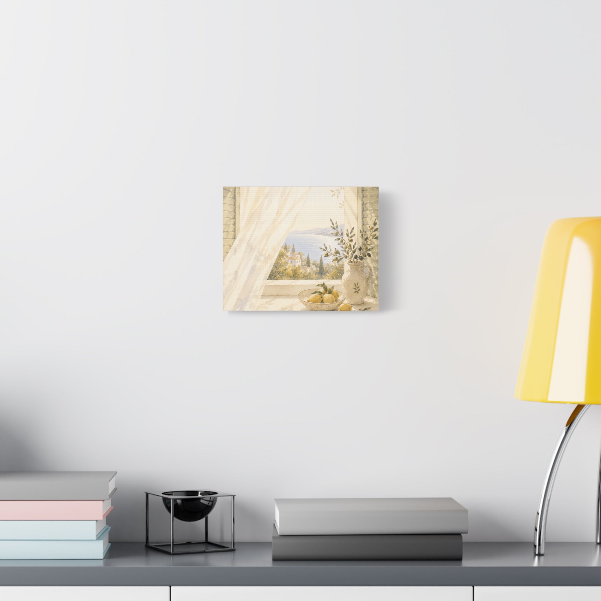 Golden Morning Window Canvas Wall Art, Mediterranean Lemon & Olive Print, Sunlit Linen Curtain Coastal Decor, Window Stories, Solen