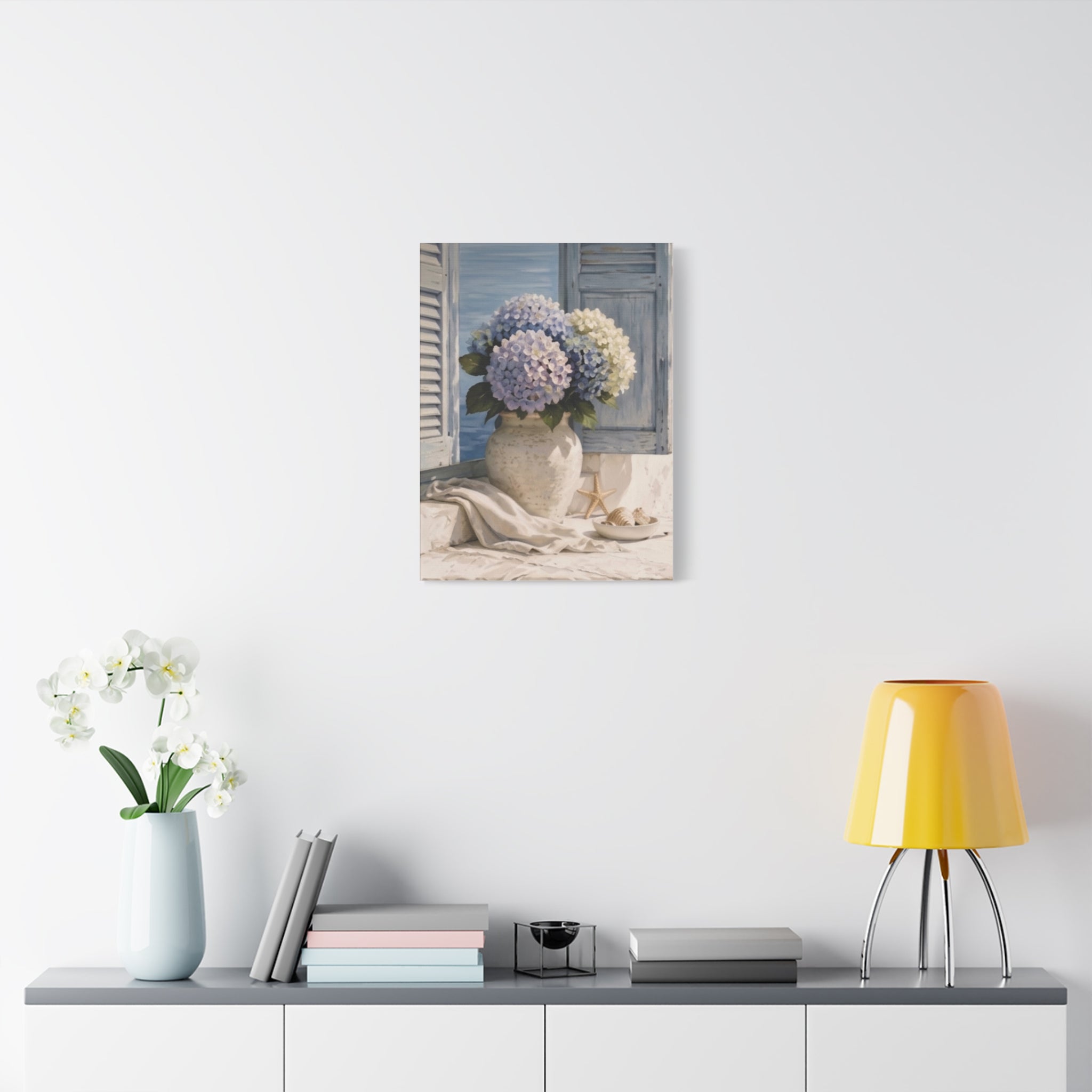 Coastal Hydrangea Canvas Wall Art, Blue Flowers by the Window Print, Mediterranean Seaside Decor, Botanical Living Room Art, Solen