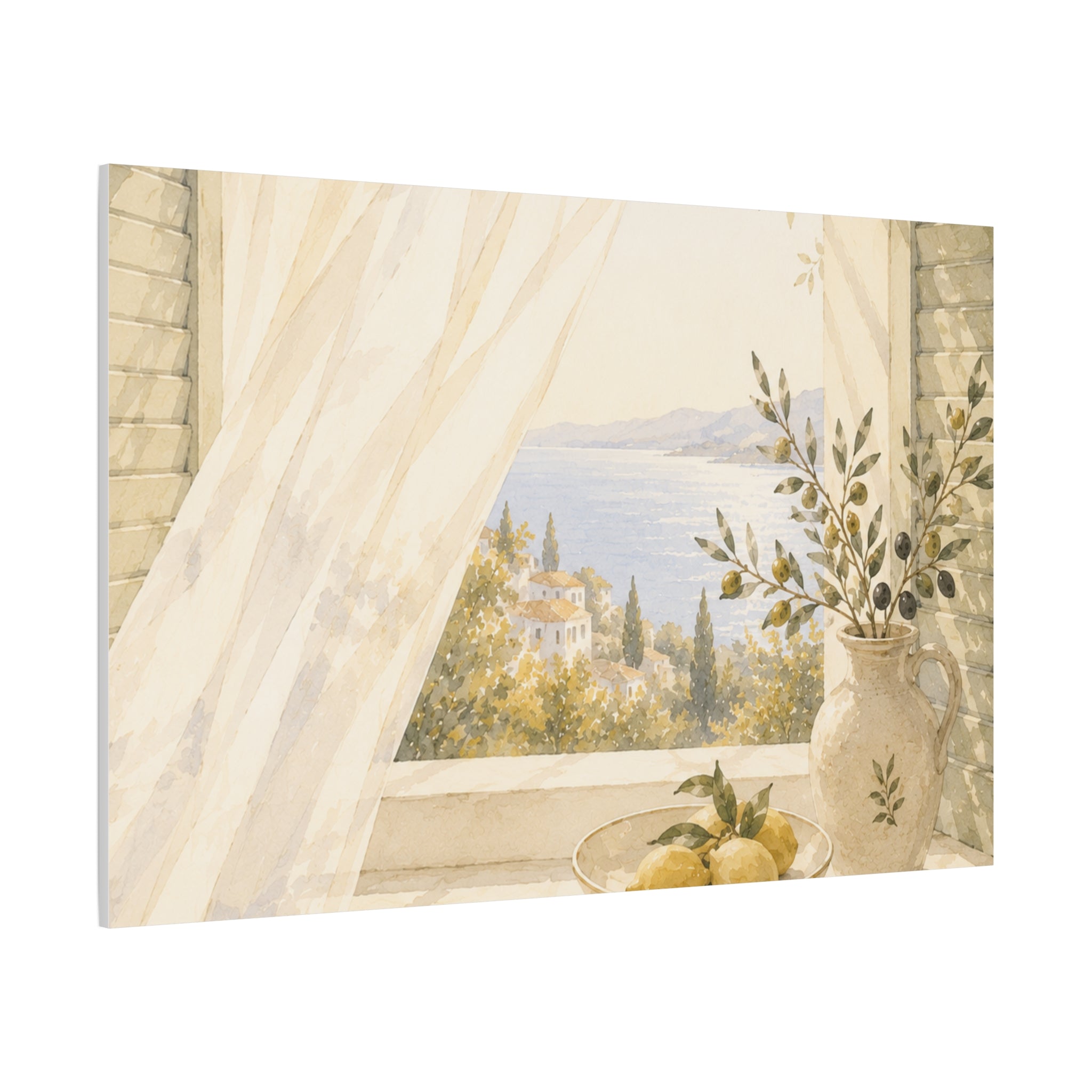 Golden Morning Window Canvas Wall Art, Mediterranean Lemon & Olive Print, Sunlit Linen Curtain Coastal Decor, Window Stories, Solen