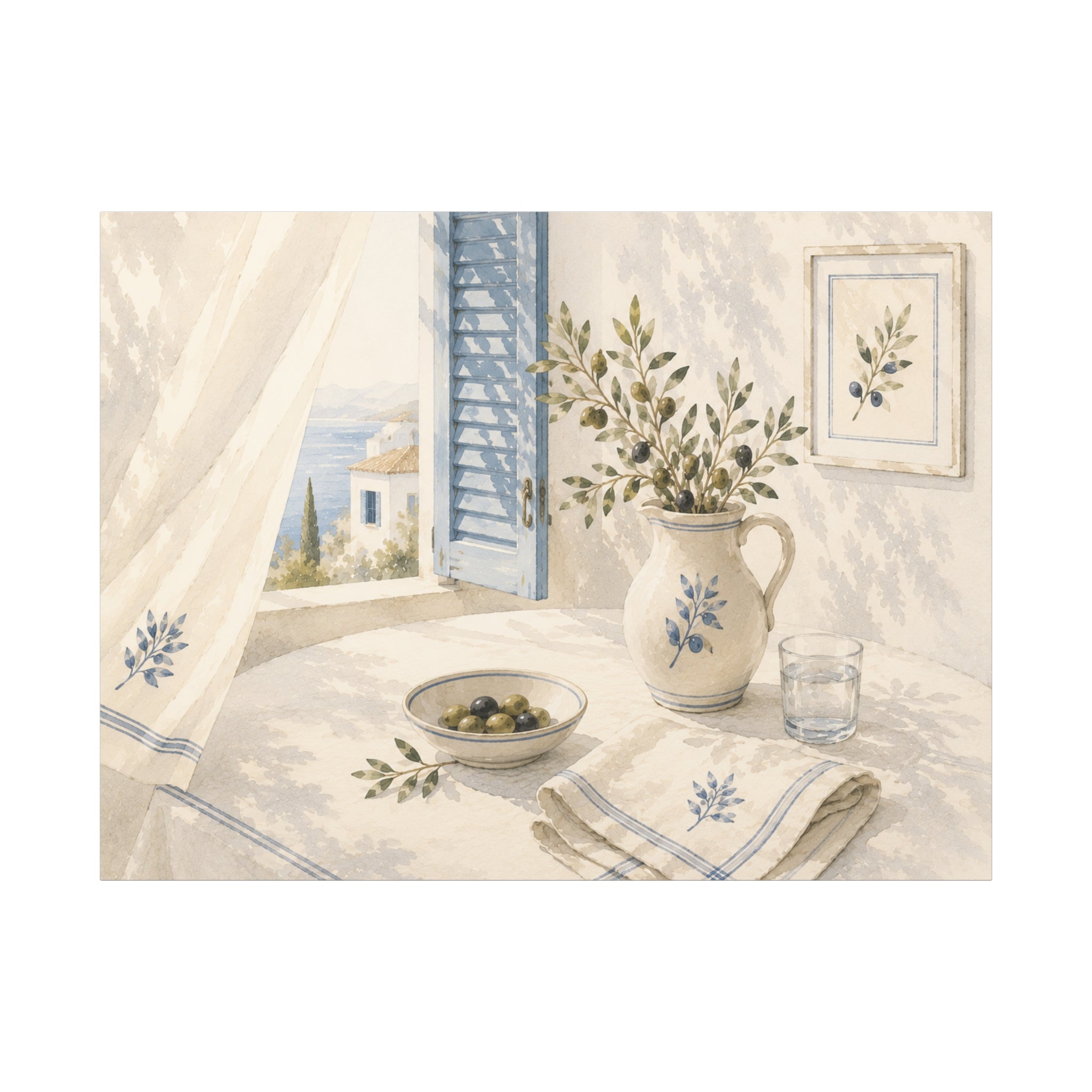 Mediterranean Window Canvas Wall Art, Blue Shutters & Olive Branch Print, Coastal Ceramic Still Life Decor, Window Stories, Solen