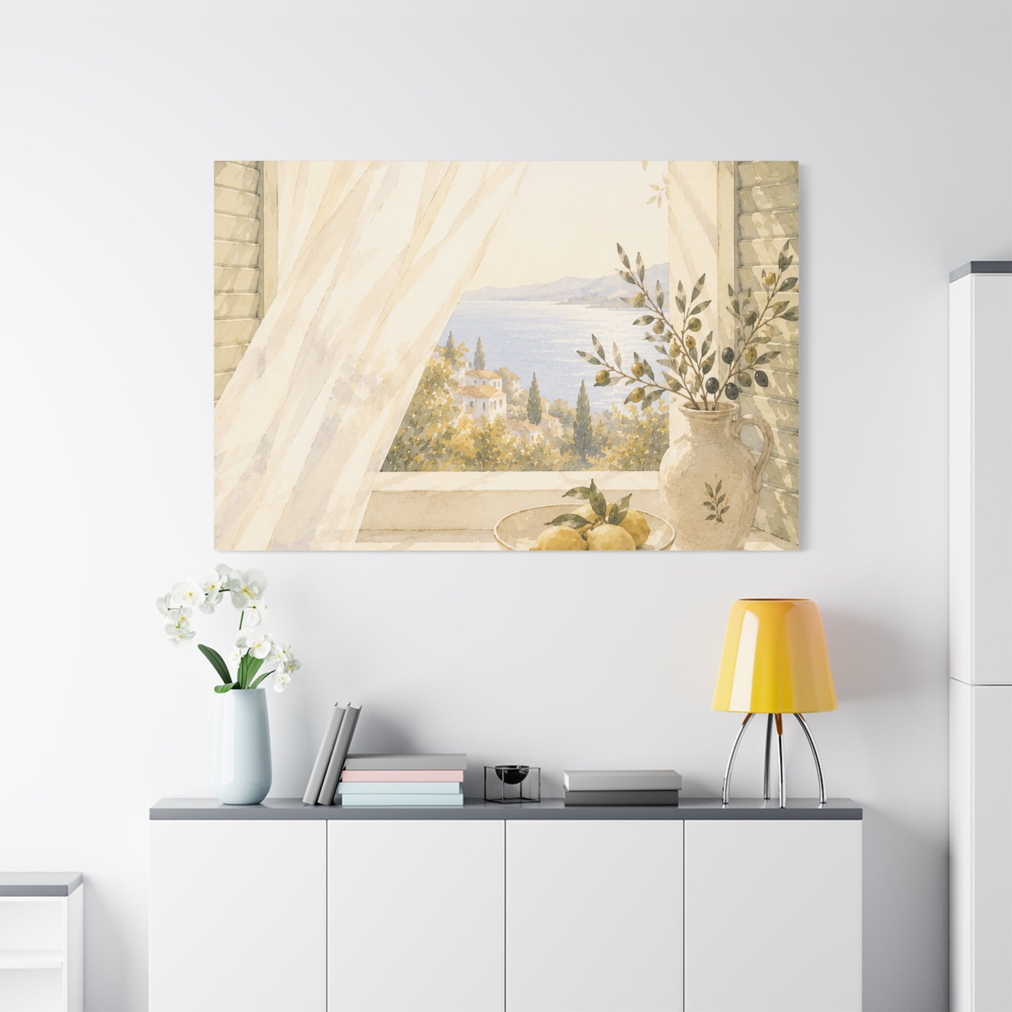 Golden Morning Window Canvas Wall Art, Mediterranean Lemon & Olive Print, Sunlit Linen Curtain Coastal Decor, Window Stories, Solen