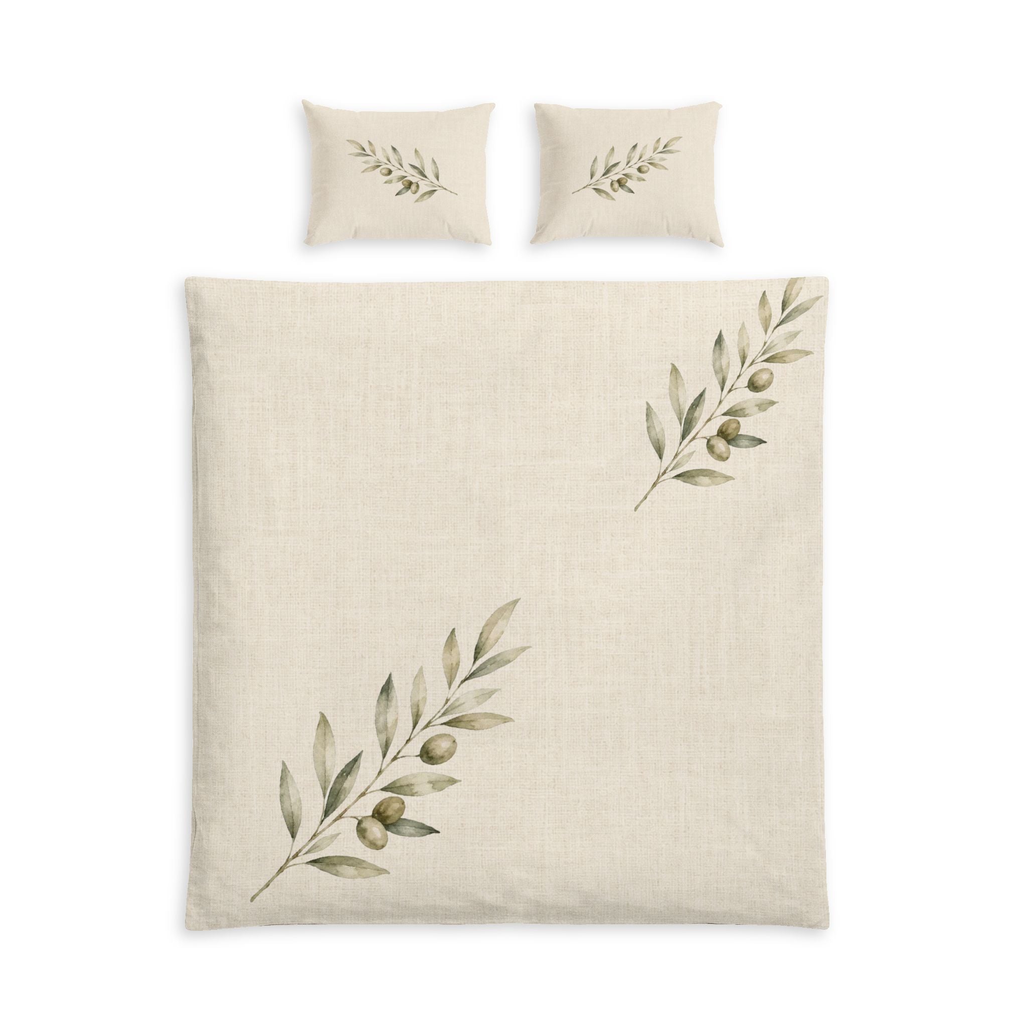 Olive Branch Duvet Cover Set, Scattered Olive Sprig Cotton Bedding, Cream Mediterranean Farmhouse Bedroom Decor,©SOLEN