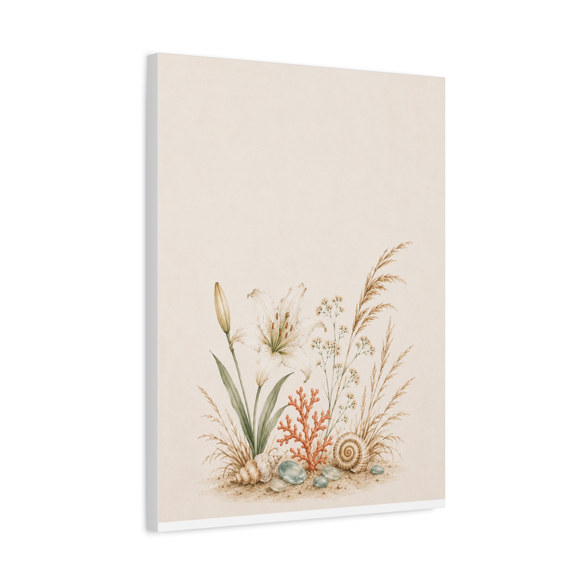 Coastal Meadow Canvas Wall Art, Botanical Seashell Print, Beach Cottage Decor, Neutral Coastal Living Room Art, Solen