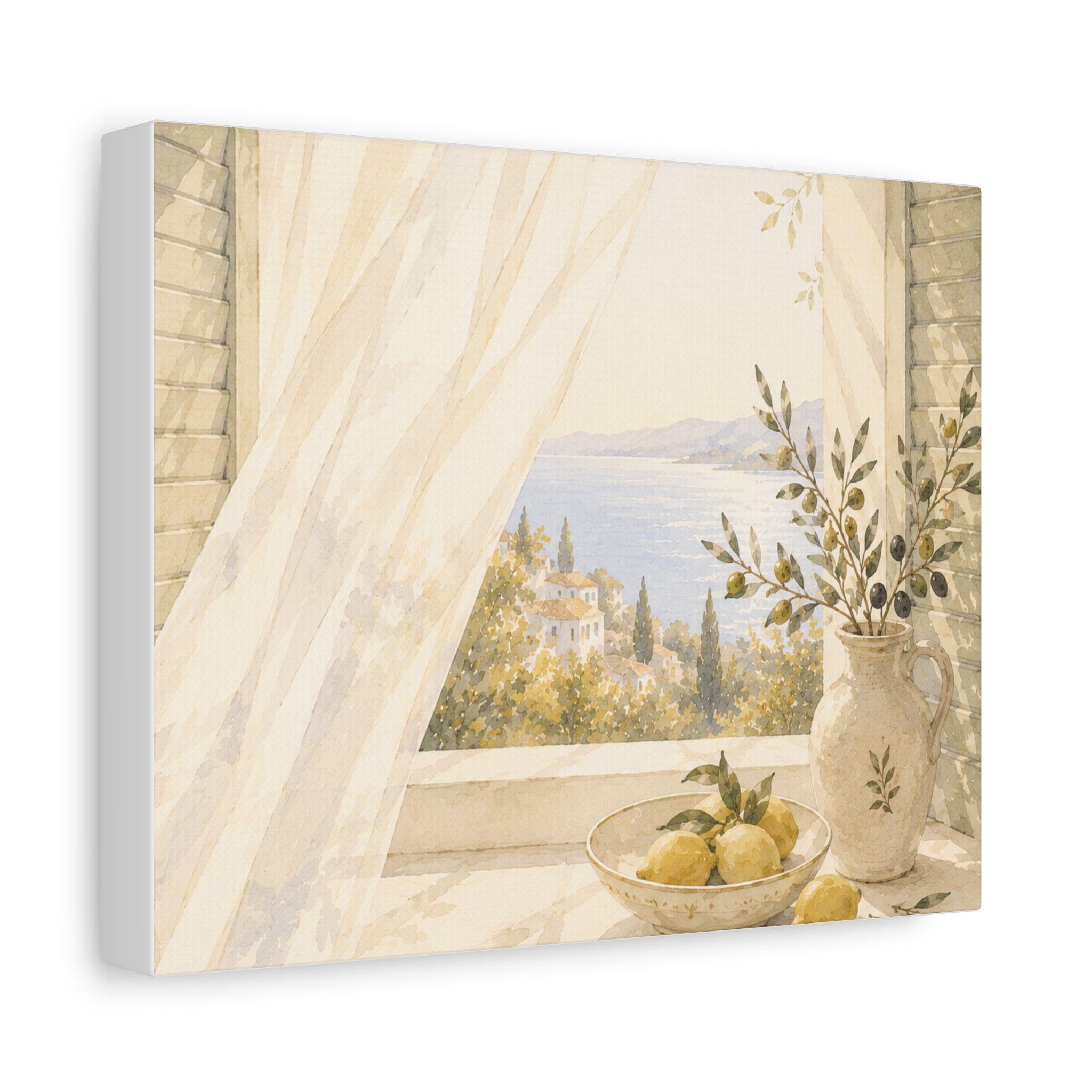 Golden Morning Window Canvas Wall Art, Mediterranean Lemon & Olive Print, Sunlit Linen Curtain Coastal Decor, Window Stories, Solen