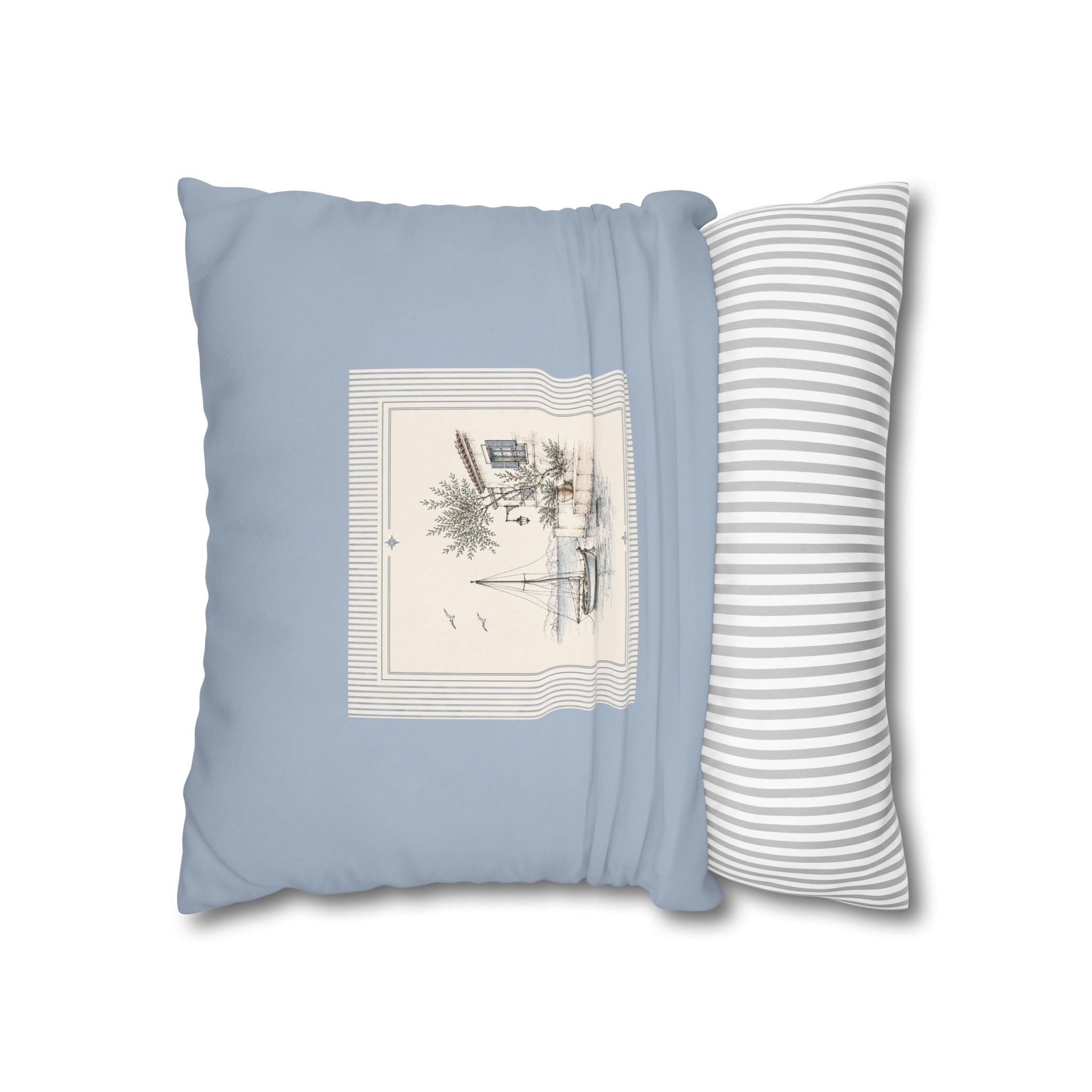 Coastal Sailboat Square Pillowcase, Blue Nautical Harbor Print Cushion, Beach House Sofa Decor, Square Throw Pillow, Solen