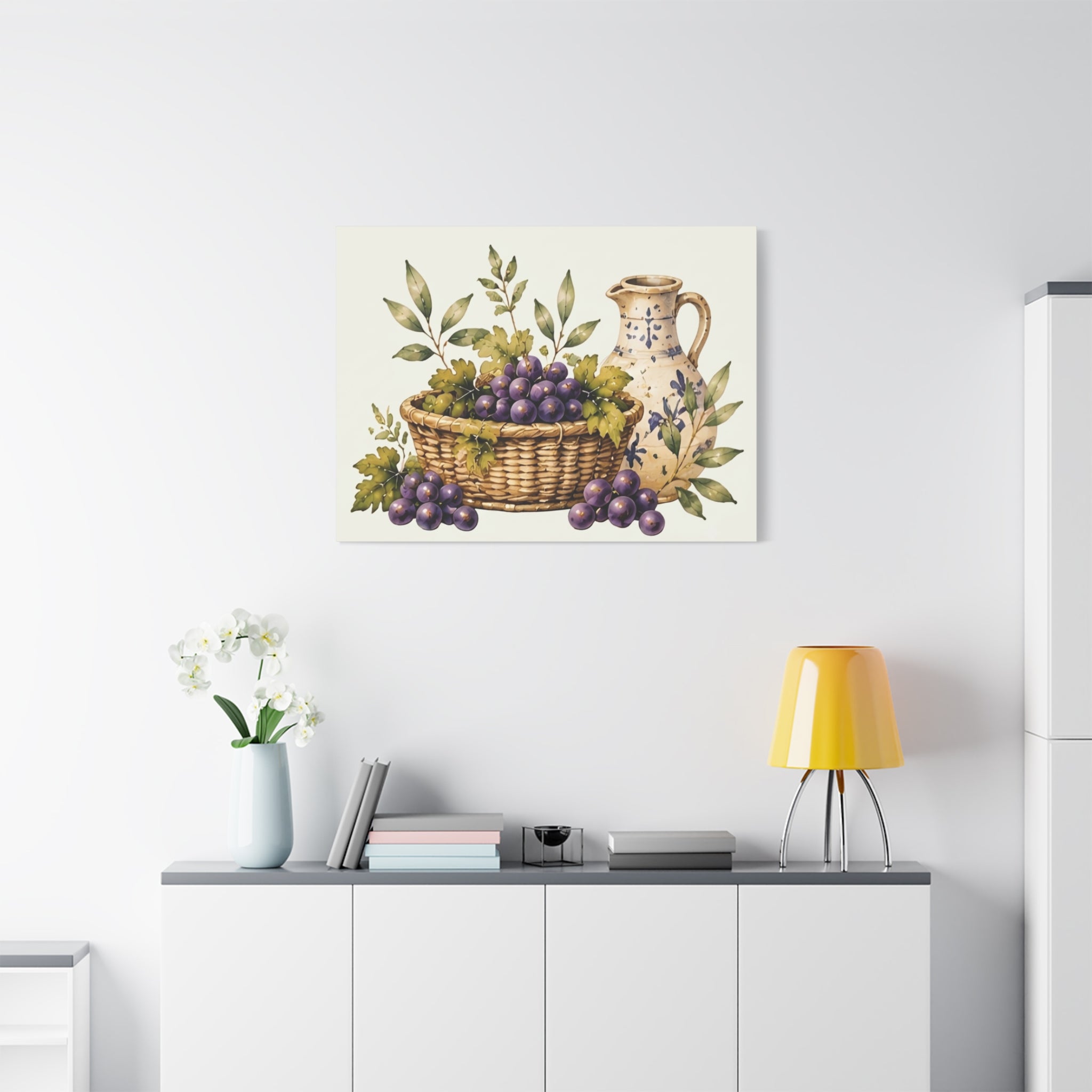 Grapes & Pitcher Matte Canvas Wall Art, Rustic Tuscan Kitchen Decor, Vintage Fruit Still Life Print, Dining Room Art, Solen