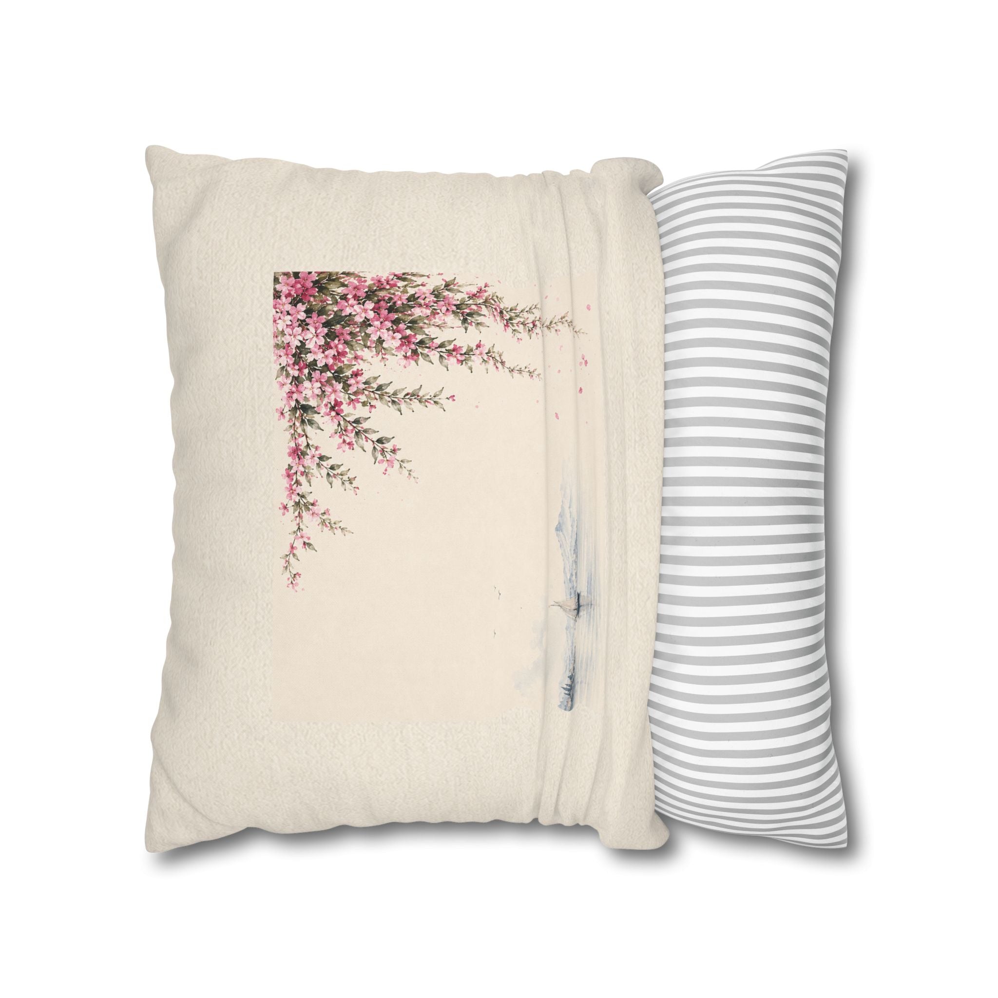 Watercolor Cherry Blossom Branch Throw Pillow Cover, Japanese Sakura Sailboat Cushion, Zen Minimalist Home Decor, Square Pillow, Solen