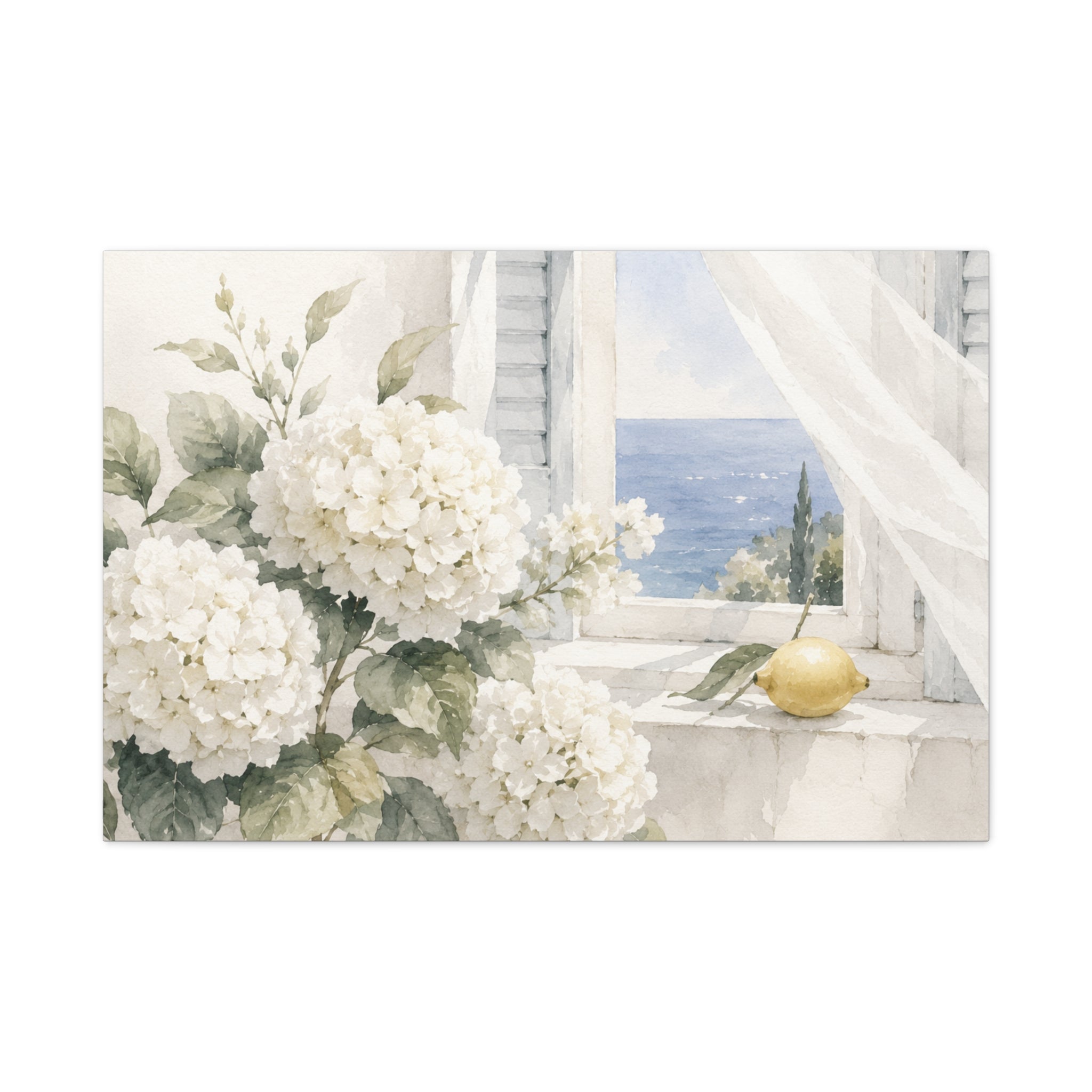 White Summer Window Canvas Wall Art, Hydrangea & Sea Watercolor Print, Coastal Cottage Bedroom Decor, Blue Seaside Art, Solen