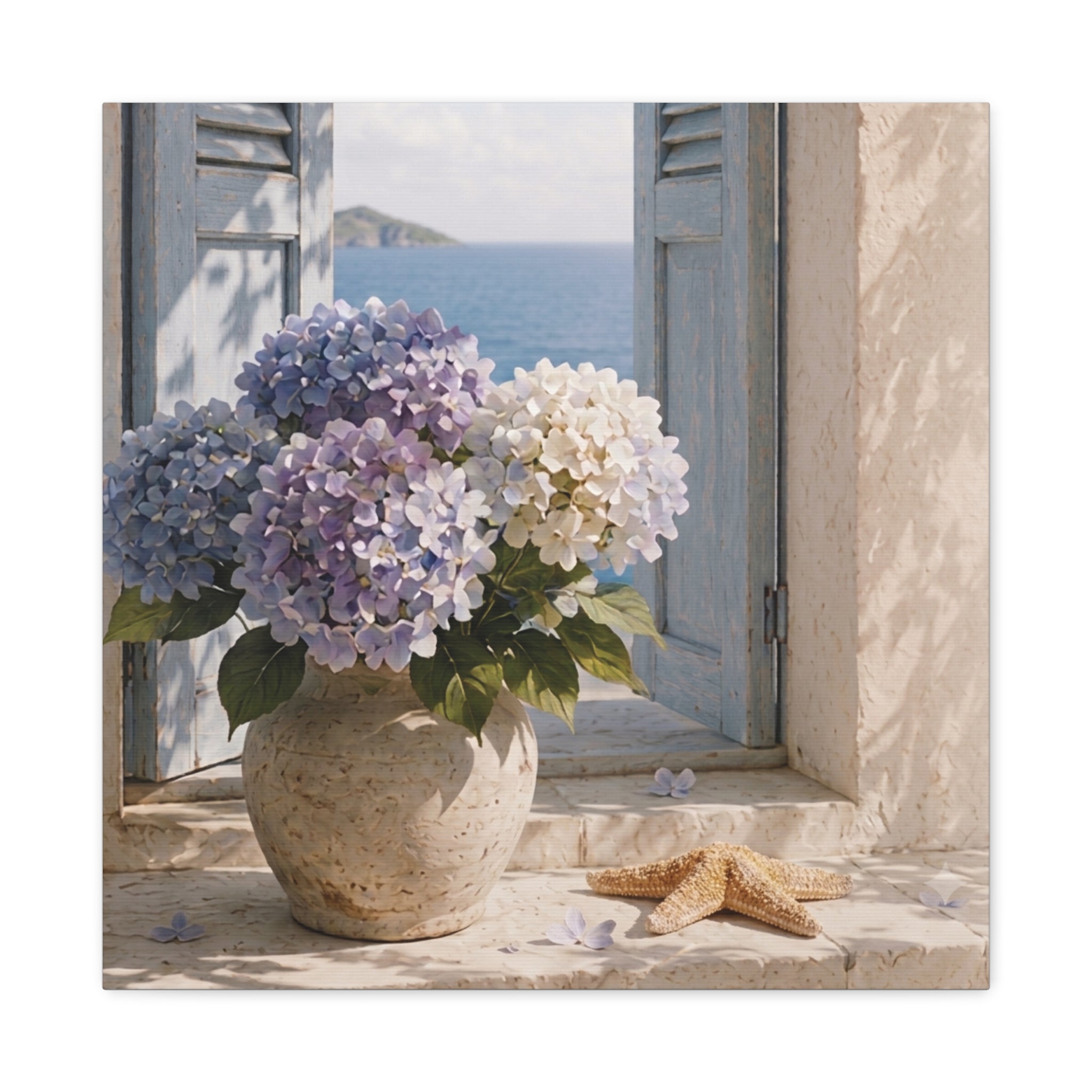 Hydrangea Seaside Canvas Art, Blue Hydrangea Coastal Wall Art, Solen