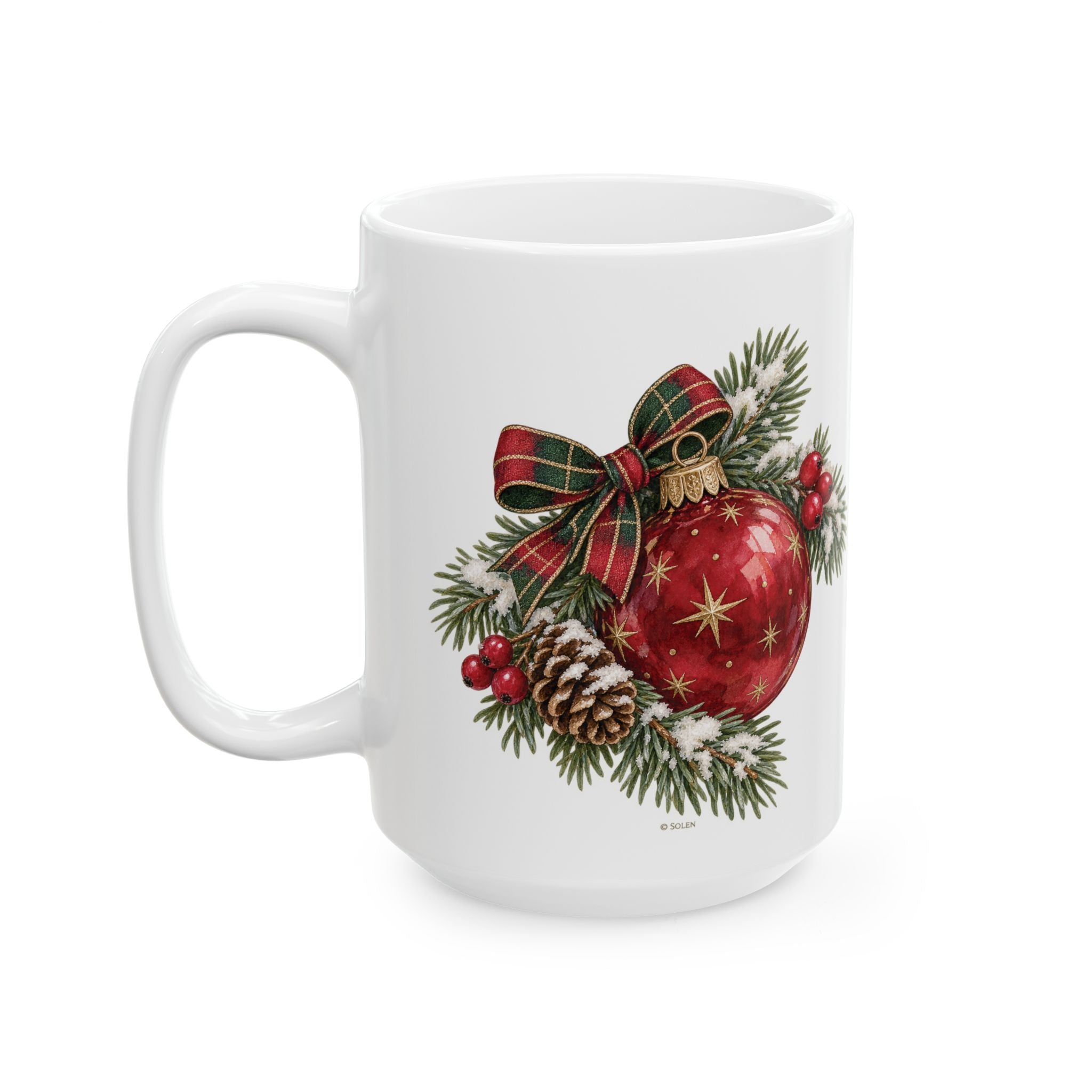 Christmas Ornament Ceramic Mug — Festive Red Bauble & Pine Holiday Coffee Cup (11oz, 15oz)