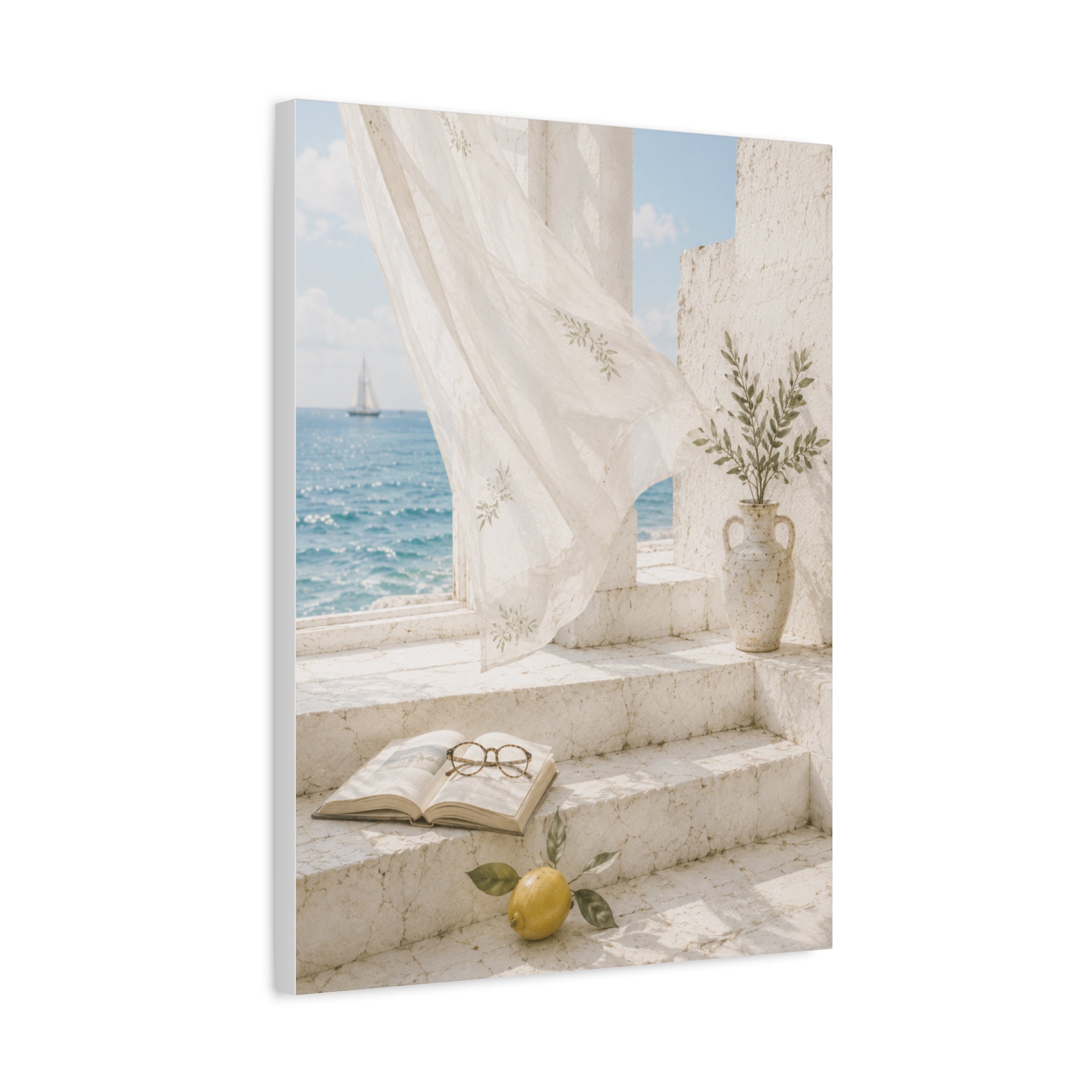Mediterranean Coastal Wall Art, Seaside Summer Print, Blue Ocean & Lemon Art, Mediterranean Home Decor, Coastal Wall Decor, Solen