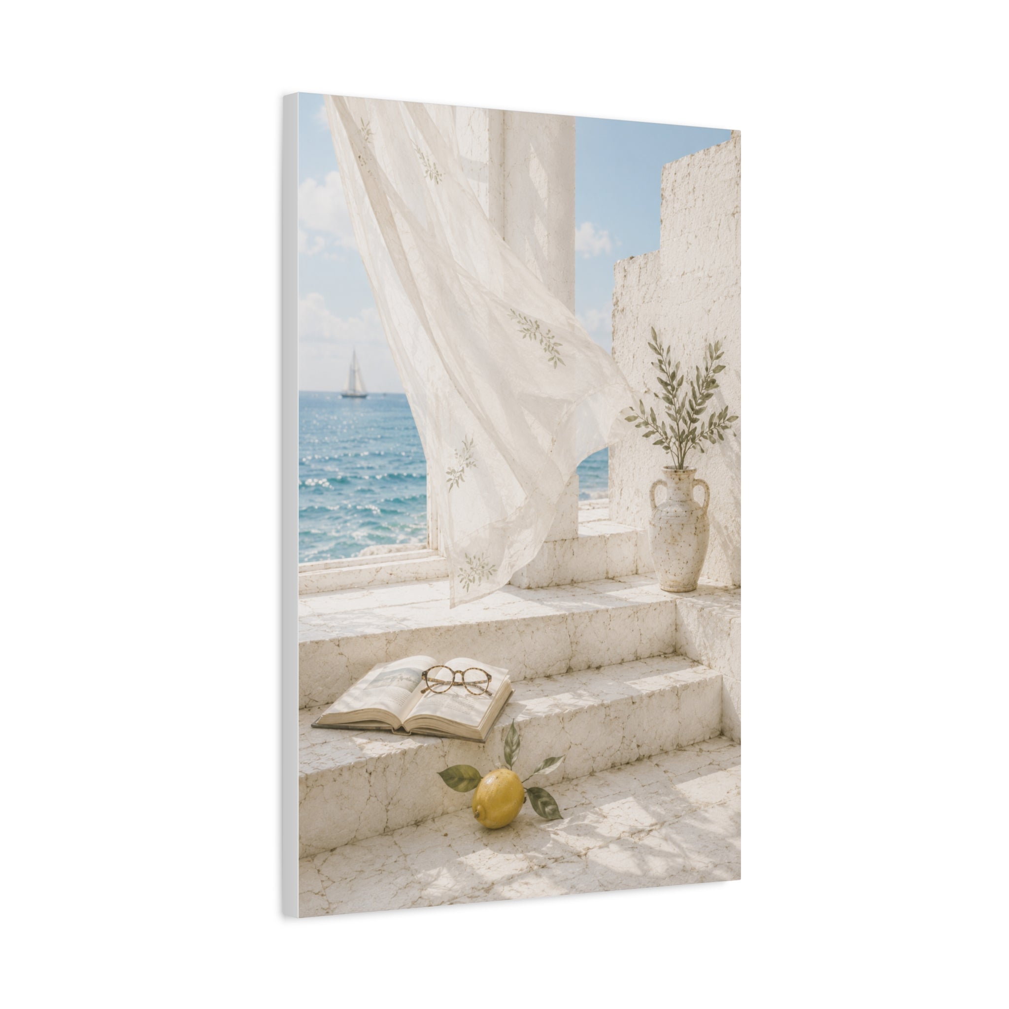 Mediterranean Coastal Wall Art, Seaside Summer Print, Blue Ocean & Lemon Art, Mediterranean Home Decor, Coastal Wall Decor, Solen