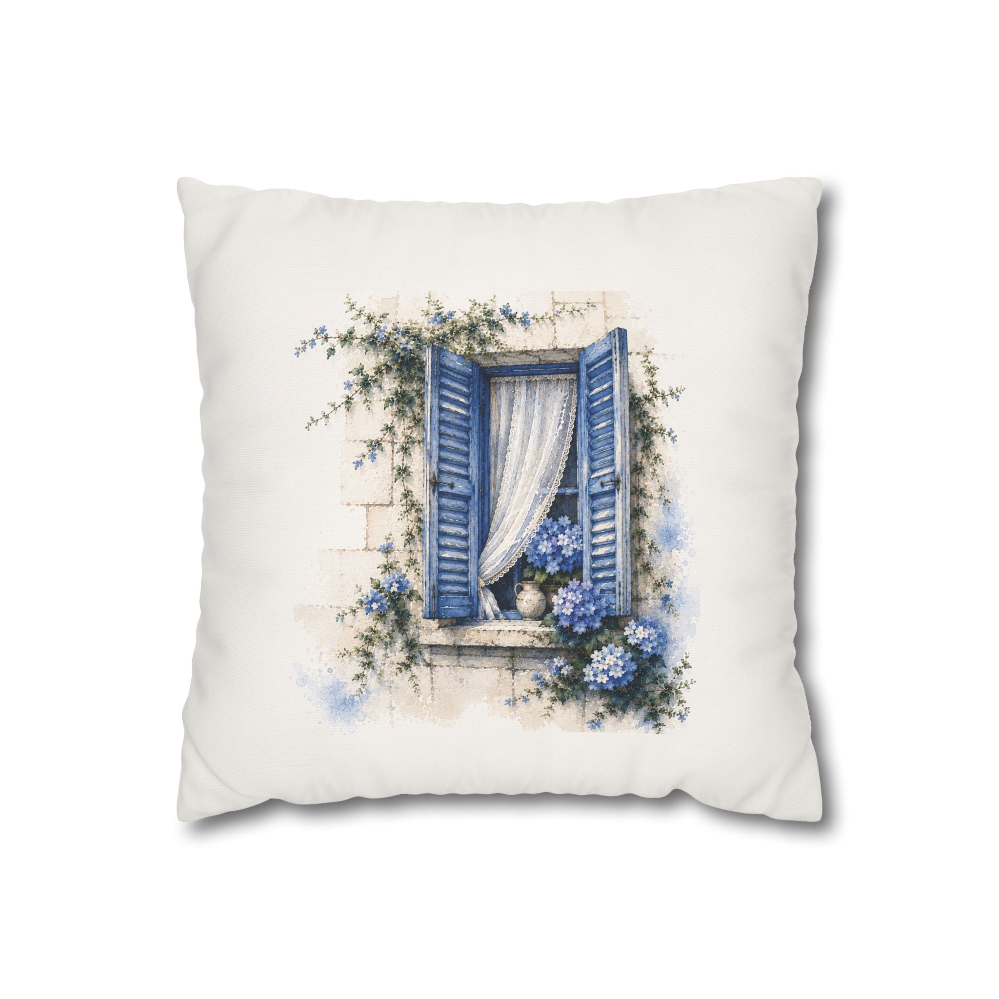 Blue Shutter Window Hydrangea Pillowcase, Coastal Watercolor Cushion Cover, Mediterranean Sofa Decor, Square Pillow, Solen